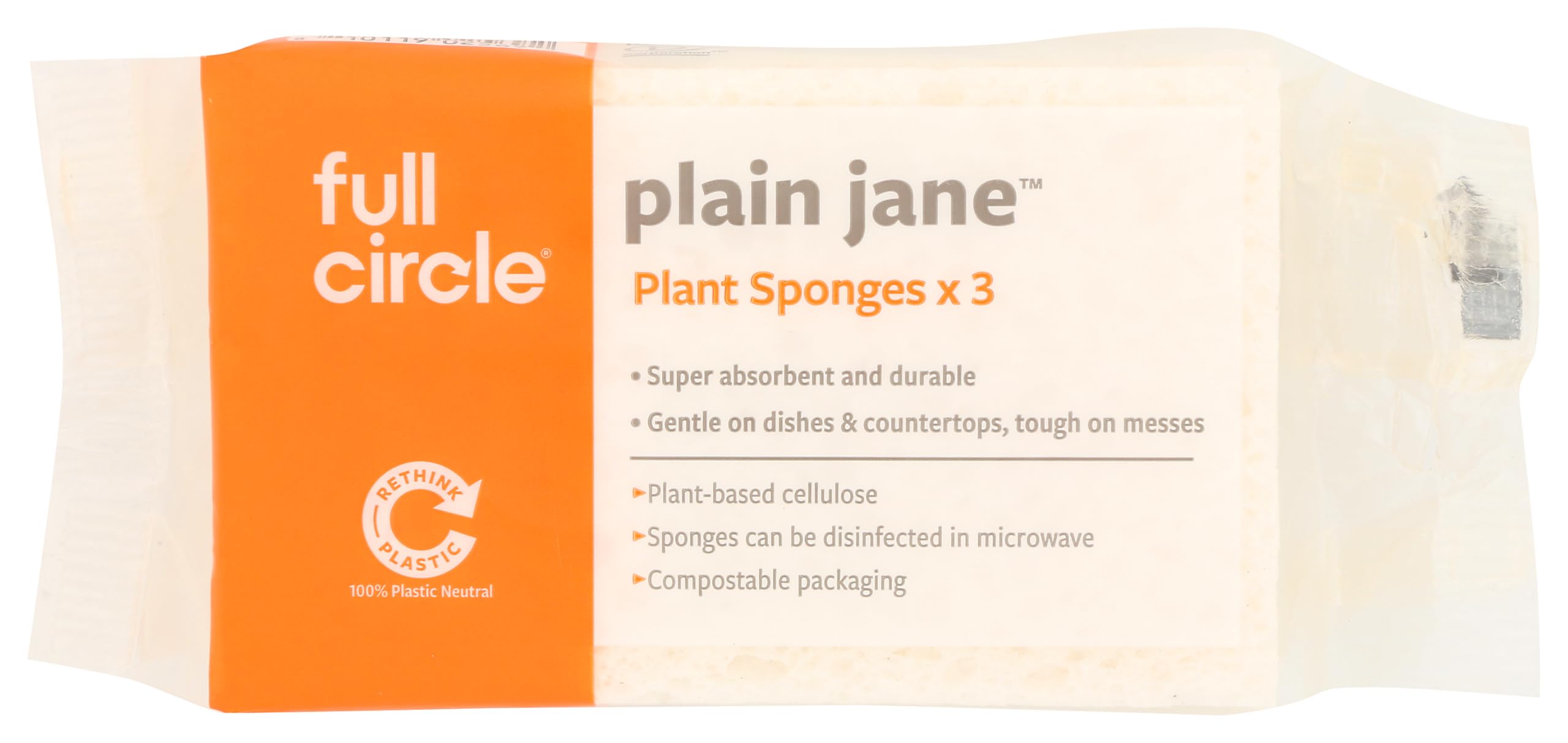 Full Circle 100% Plant-Based Cellulose Sponges – Pack of 3 – Plastic-Free, Natural Sponge, No Microplastics, Safe for Nonstick Cookware