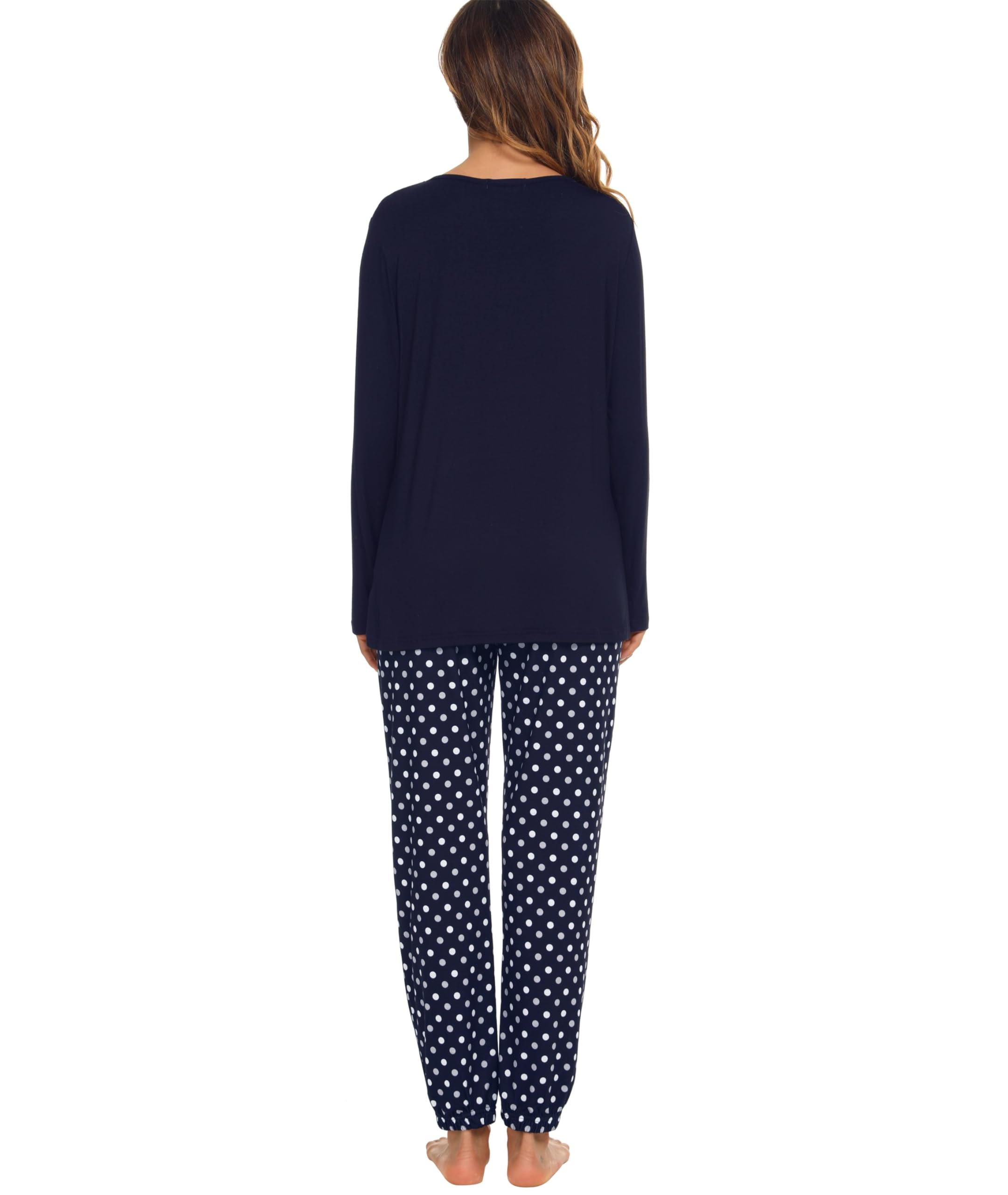 Lovasy Pigiama Donna Manica Lunga Pantaloni Lunghi Casual Scollo a V Top con Motivo a Pois Carino con Tasca Due Pezzi