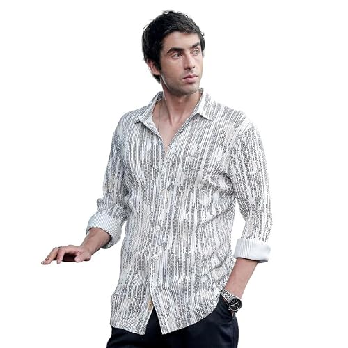 CAHOOT Men Prismic-Orb Shirt | Spread Collar, Long Button-Cuff Sleeves | Button, Curved Hem | Geometric Print Pleated | Woven Fabric for Casual Ivory White