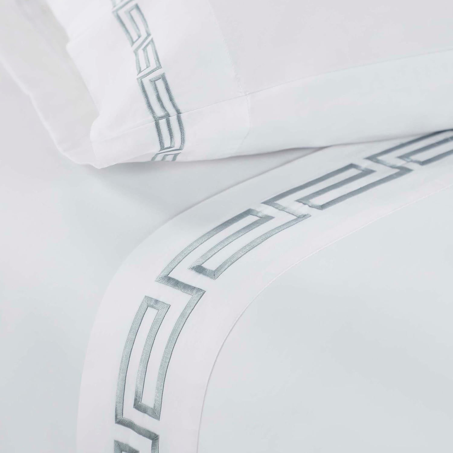 Superior Embroidered Cotton Bed Sheet Set, 1 Elastic Deep Pocket Fitted Sheet, 1 Flat Sheet, 2 Pillowcases, Daily Soft Sheets, Luxury, Greek Key Design, Harrison Collection, Queen, White-Silver
