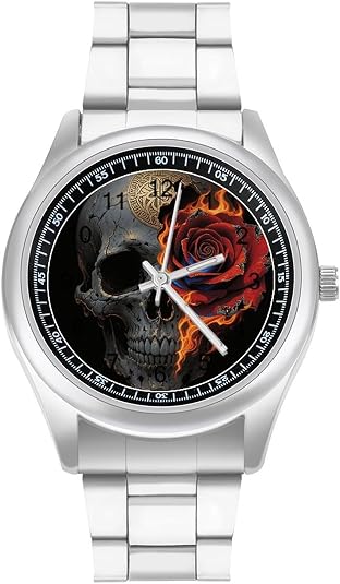 Minimalist Gothic Skull Rose Wrist Watch with Stainless Steel Band