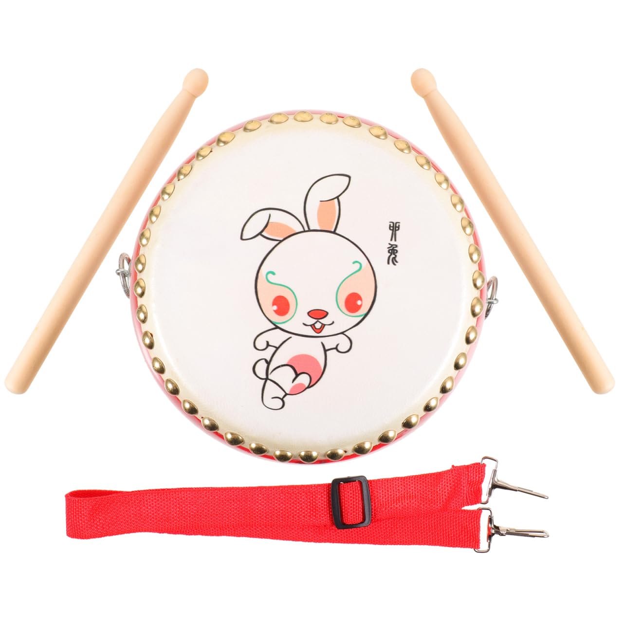 Tambor de madera de 7 pulgadas: juego de batería de madera con una correa ajustable y 2 baquetas - Instrumento musical de percusión con patrón de conejo del zodiaco chino para el aprendizaje 7