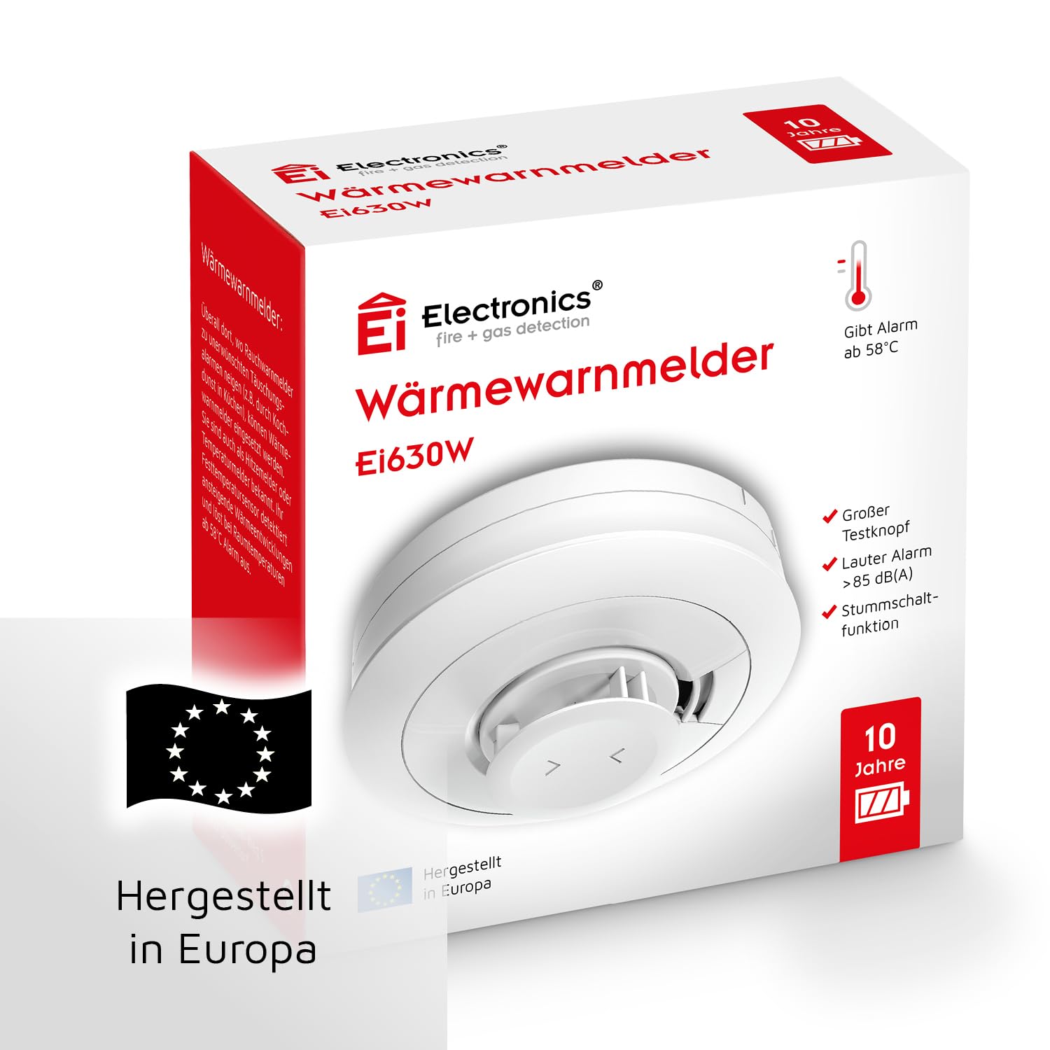 Ei Electronics Ei630W Hitzewarnmelder, Wärmewarnmelder mit Temperatursensor (58 °C) für Küche und Bad, optional funkvernetzbar, weiß