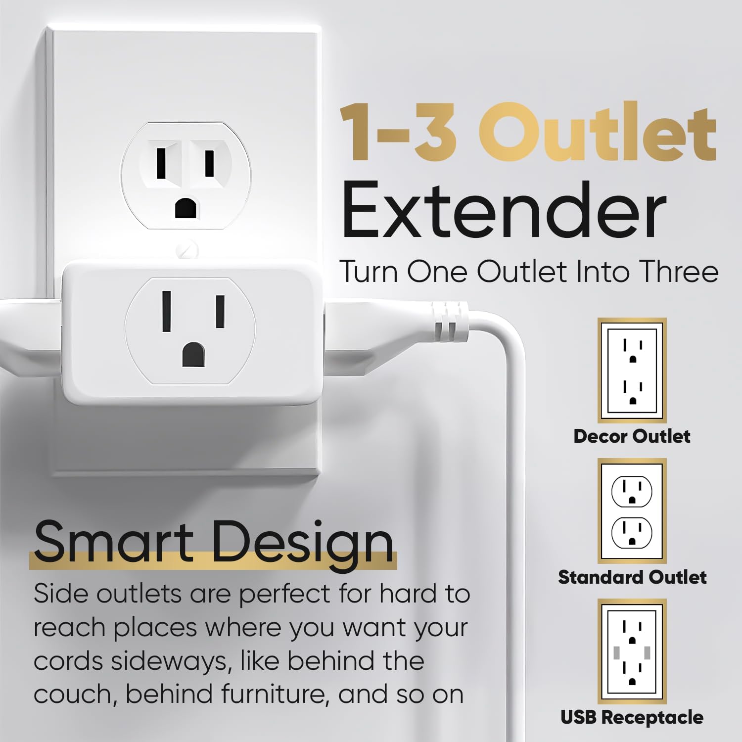 Unidapt Multi Plug Outlet Extender 4 Pack - 3 Way Wall Outlet Splitter, Cruise Ship Essentials Power Plug Adapter, Compact Travel Wall Tap Expander, Flat Angled Design, Home, Office, Dorm - White