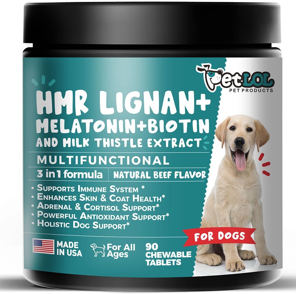 HMR Lignan + Melatonin + Biotin + Milk Thistle for Dogs | 4-in-1 Formula | Adrenal Support & Normal Cortisol Levels | Skin, Coat, & Digestive Health | 90 Chewable Tablets | Natural Beef Flavor