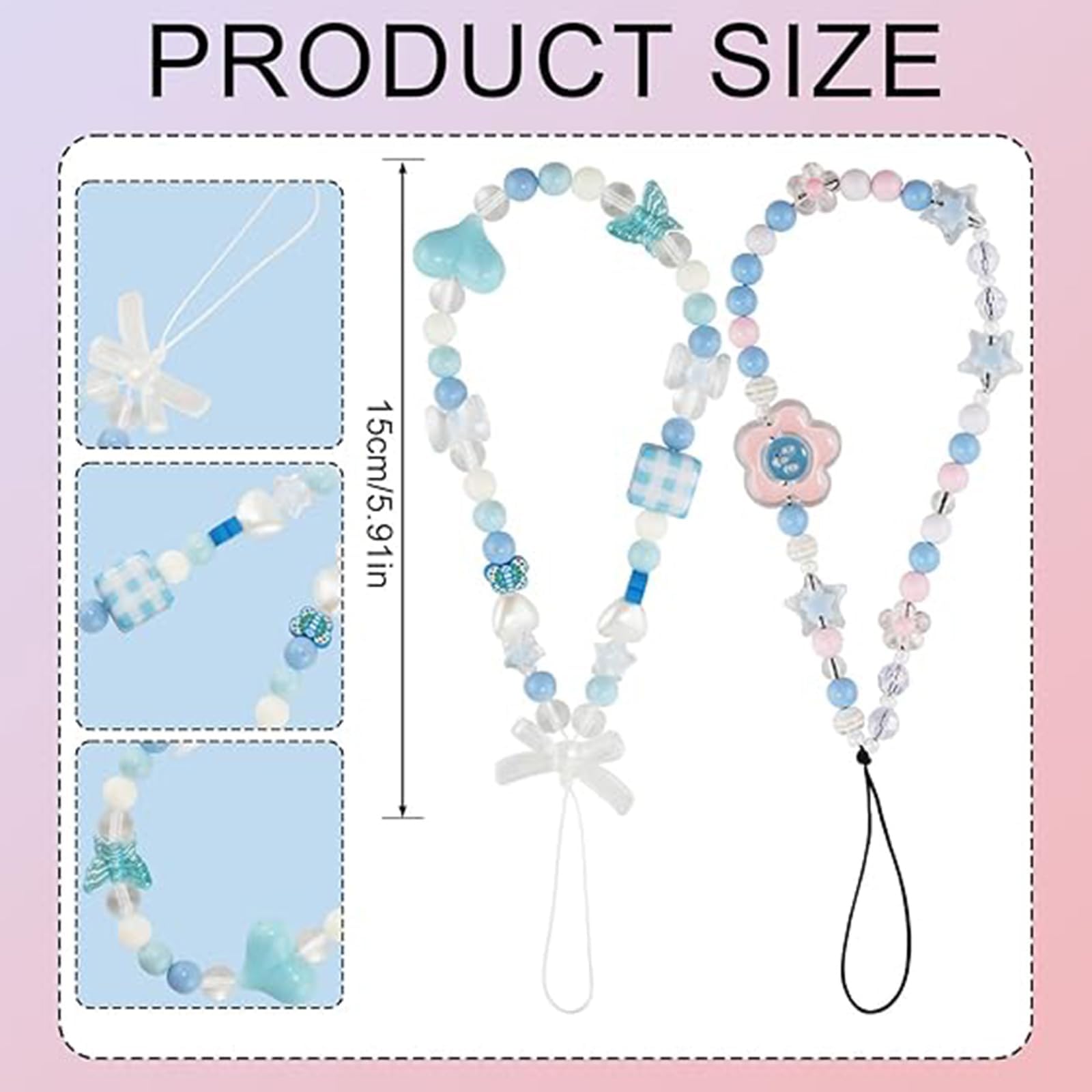 JYTDBCS Floral Beaded Phone Lanyards w/ Stars, Butterfly & Flower Torque - Blue Cellphone Wrist Straps for Girls - Image 2