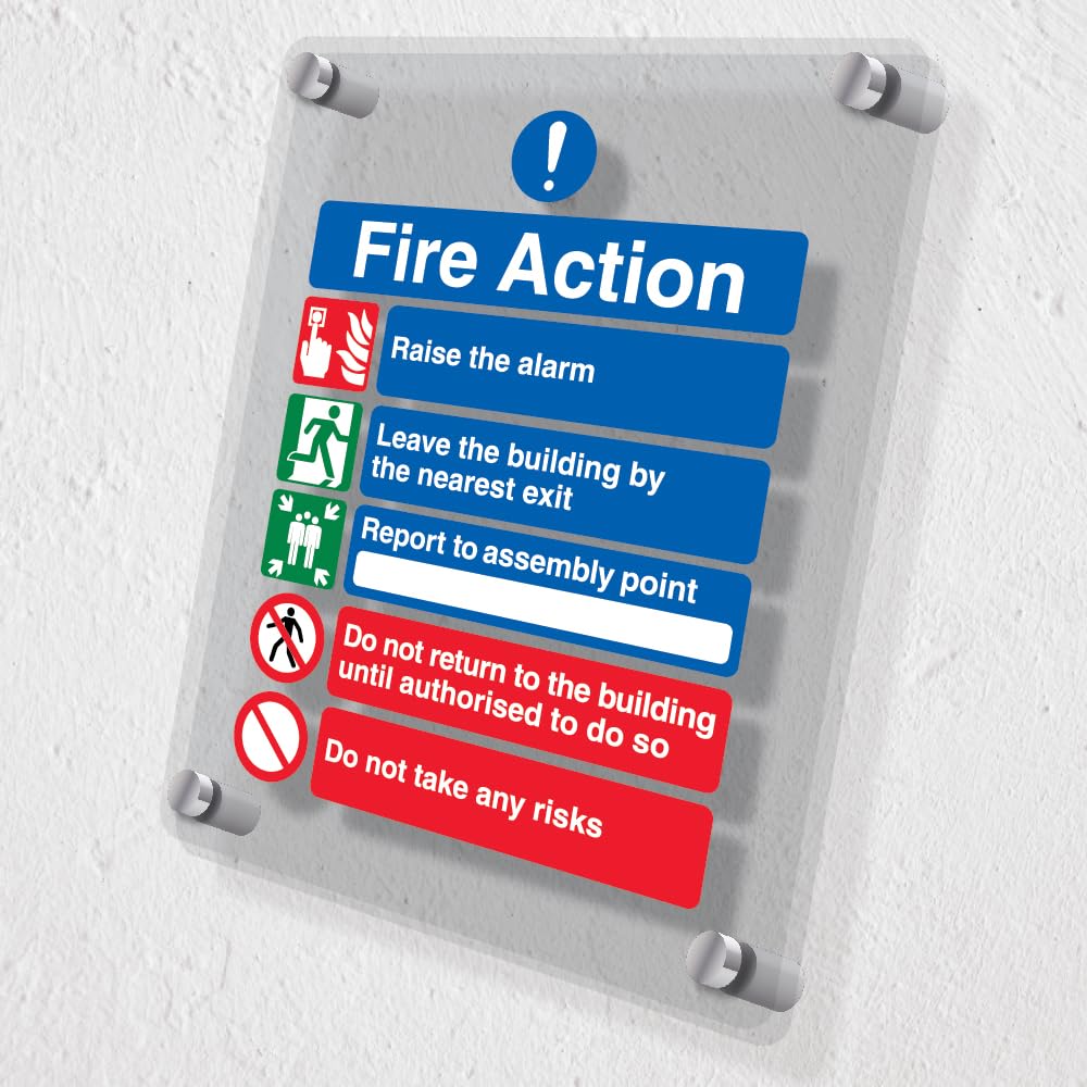 V Safety 5 Point Fire Action Notice/Do Not Take Risks - 300 x 400 mm - Acrylic Perspex Cast Clear Safety Sign - Image 2