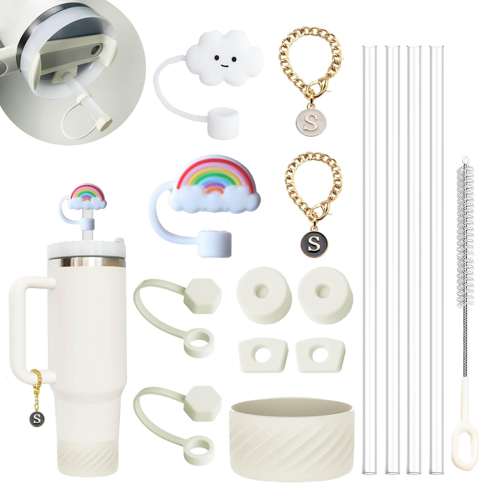 Photo 1 of 16PCS Stanley Cup Accessories Set Includes Silicone Spill Proof Stopper, Stanley Straw Cover, Protective Silicone Boot, Letter Charm Accessories, Resuable Straws for 30 & 40oz Stanley Tumbler Beige