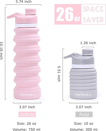 Miniatura 3 de Nefeeko Botella de agua plegable de silicona de 26 onzas, a prueba de fugas, sin BPA, botellas de agua de viaje con mosquetón, botellas de agua