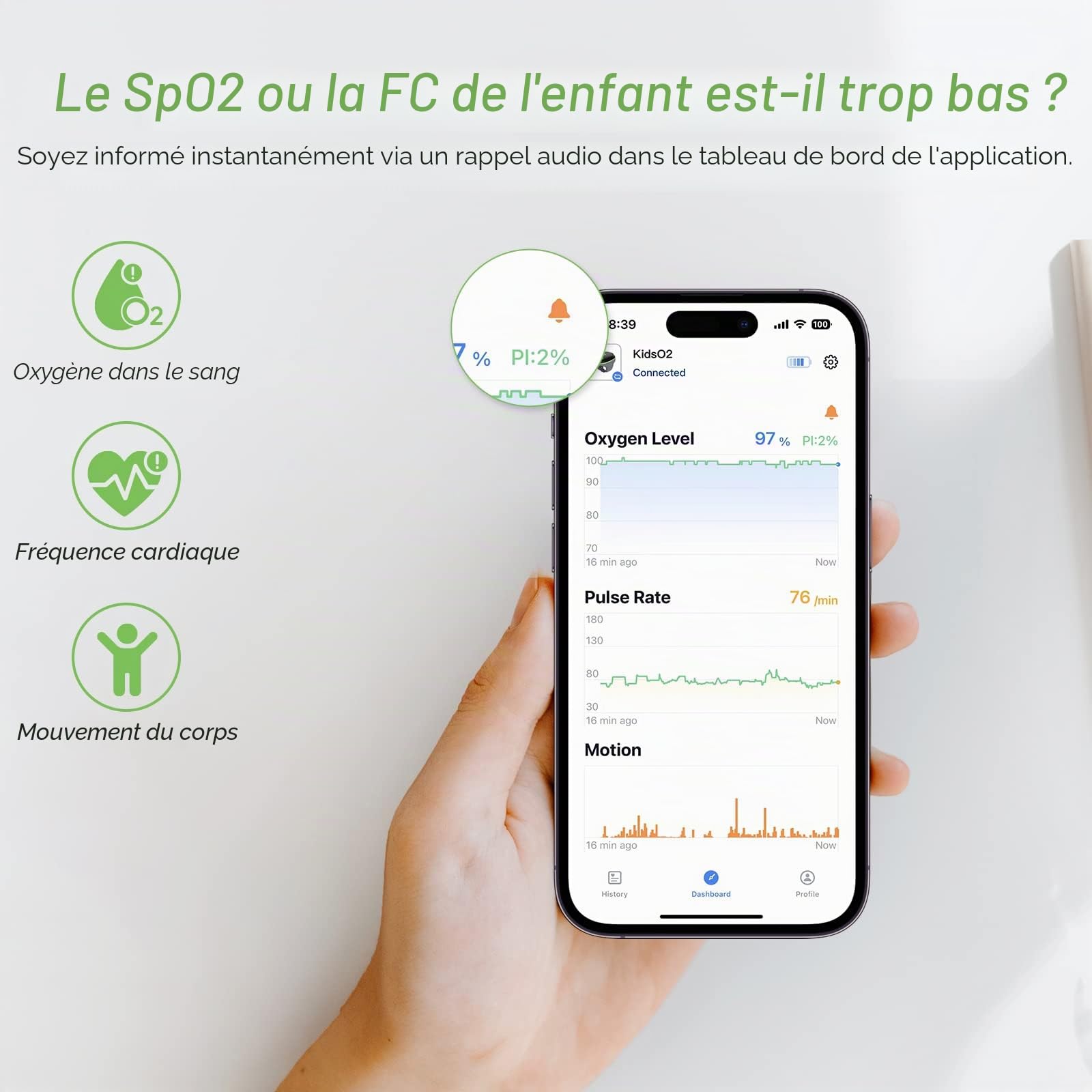 ViATOM Oxymètre de Pouls Pédiatrique, Moniteur d'oxygène pour Enfants Suivi continu des niveaux d'oxygène dans le sang des enfants avec rappel audio dans l'application et le dispositif.