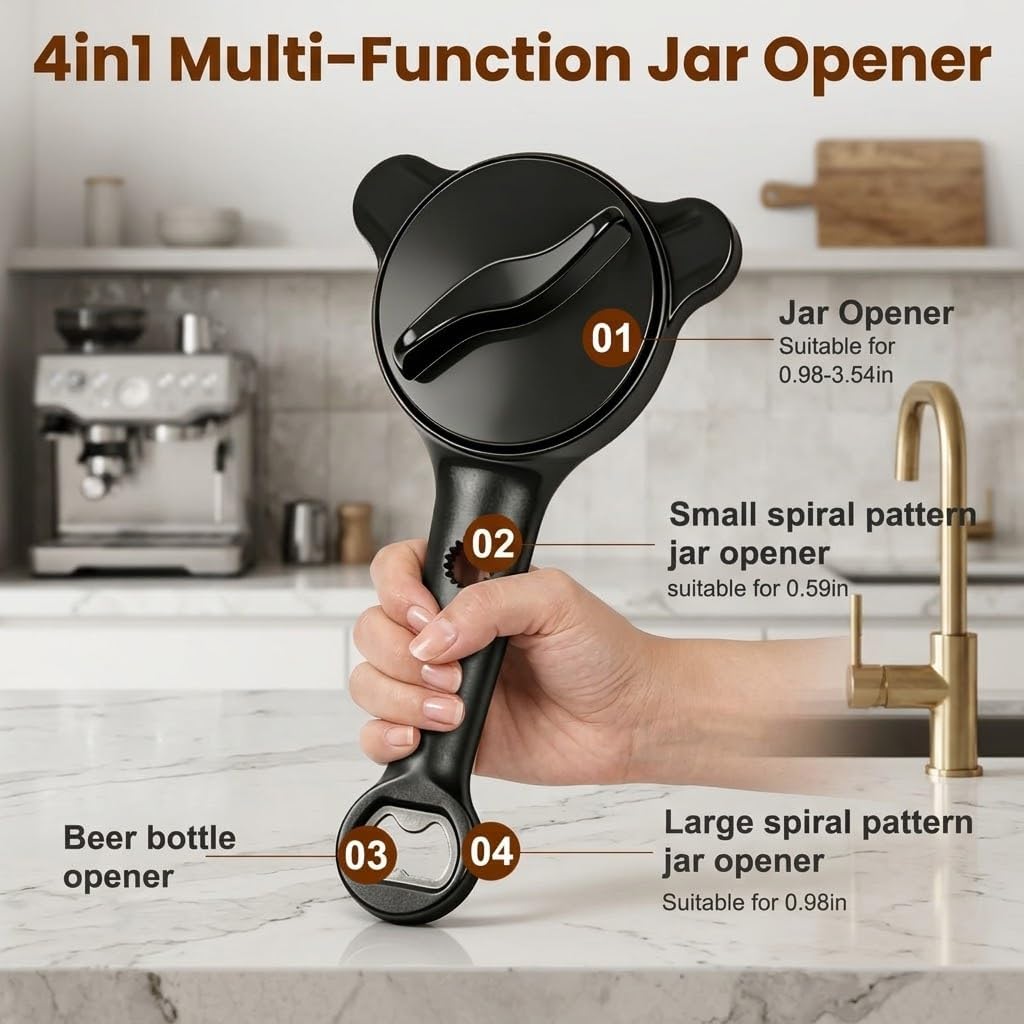 Jar Opener, 4-in-1 Adjustable Lid Opener with Non-Slip Grip, Stainless Steel 3-Claw Bottle Opener, Easy Open Kitchen Tool for Jars, Bottles & Cans, Fits 1”–3.5” Lids (Black, 1PC/2PCS) (1)