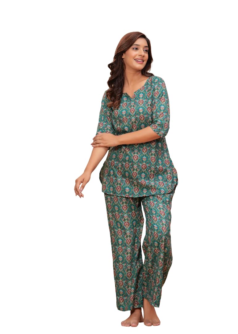 Women’s Cotton Half Sleeve Printed Top & Pyjama Co-ord set (IN, Alpha, XL, Teal Green)-image-1