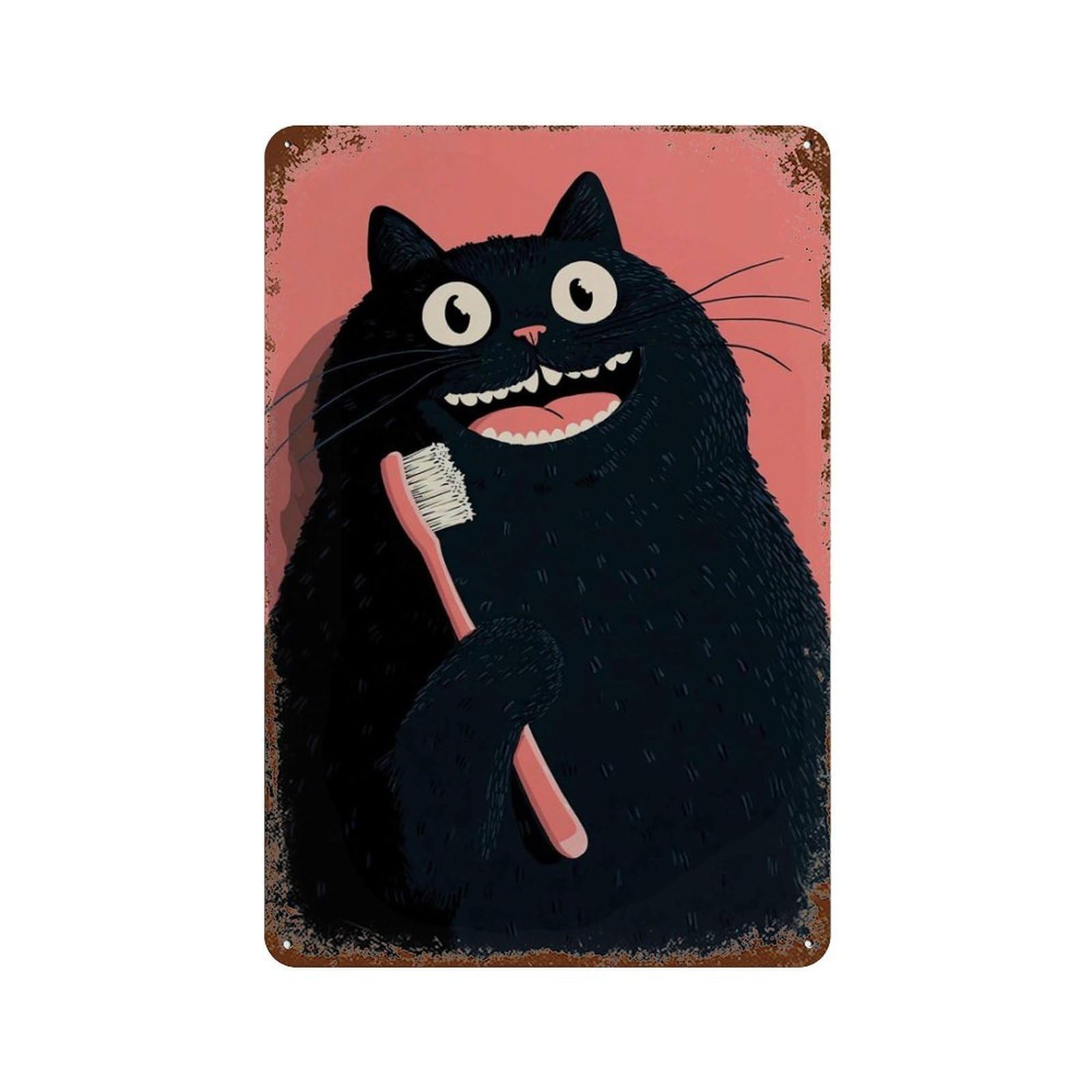 xiaoxiaoshen Funny Cat Black Bathroom Quirky Animal with Toothbrush Whimsical Cute Feline Wall Decor Art Metal Tin Poster Modern Home Decor Art Home Bar Shop Decorations Vintage Sign 30x20cm