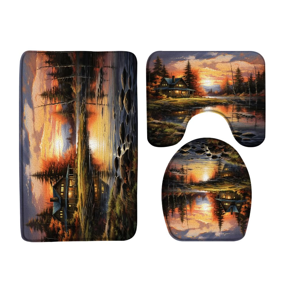 3PCS Retro Lodge Cabin Bath Mat Set Rustic Lake Sunset Mountain Fall Forest Outdoor Country Hunting Bathroom Kitchen Floor Mat Doormat,Toilet Lid Cover and Bath Mat Microfiber Home Decoration Rug