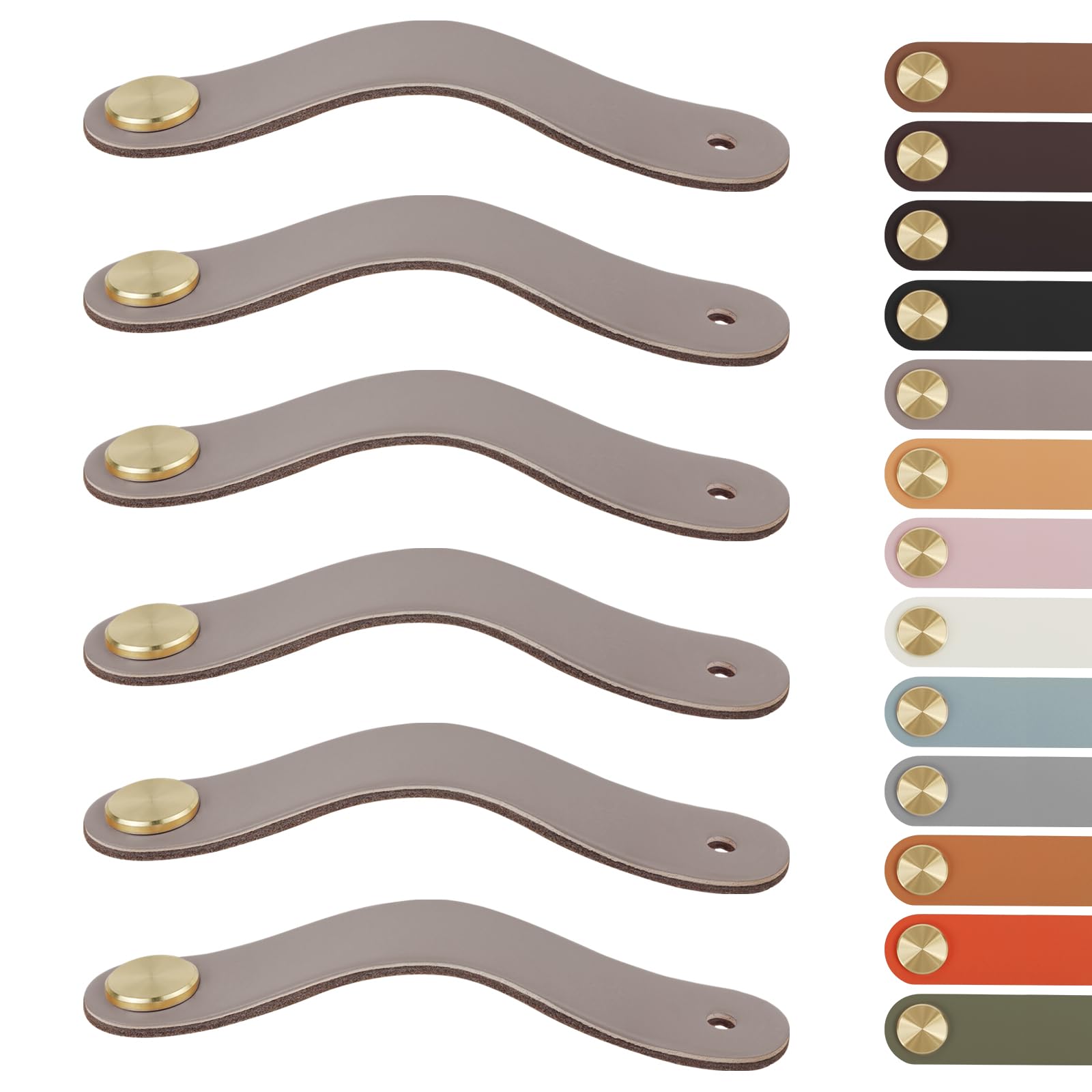 LEREATI 6pcs Leather Drawer Handles Fit to Cupboard Single Hole, Faux Leather Pulls Cabinet Handles, Drawer Knobs for Kitchen, Bathroom, Dresser, Wardrobe (0mm Hole Center, Golden + Flesh)