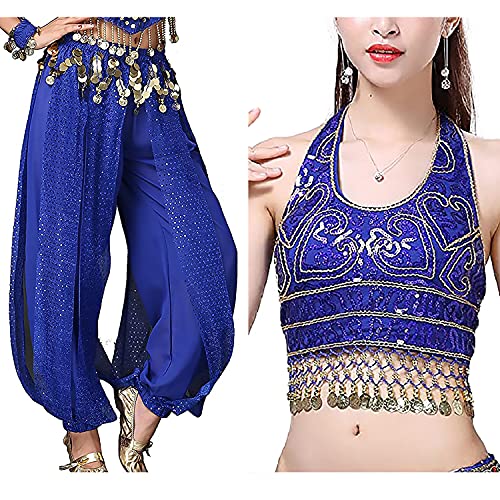Image of VRITRAZ Women's Chiffon Belly Dance Chiffon Top, Harem Pants and Hip Scarf Ringy Golden Coins Fancy Pants