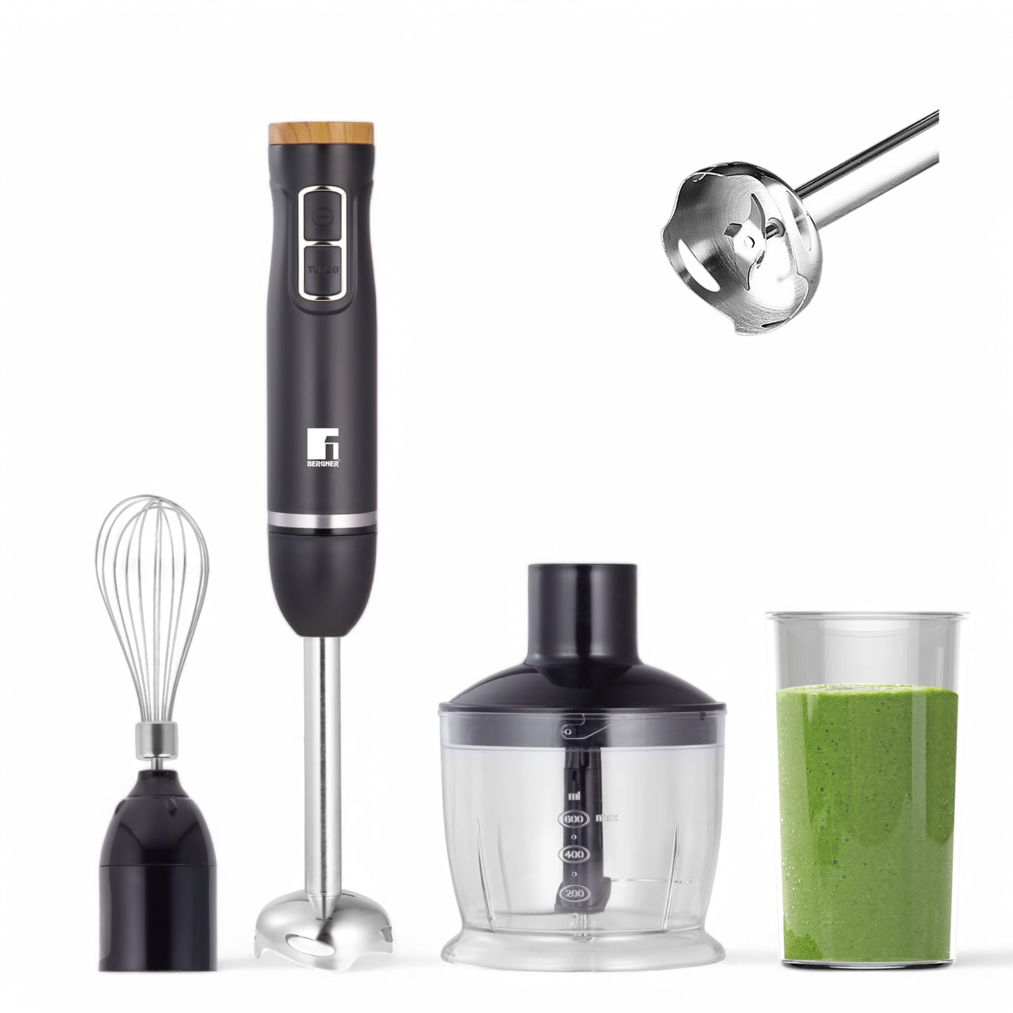 BERGNER OLIVAR | Batidora de Mano 1000W | 2 Velocidades | Eje Desmontable de Acero Inoxidable | Picadora 600ml | Varilla Batidora & Vaso Medidor 600ml | Cúpula Antisalpicaduras | Alto Rendimiento