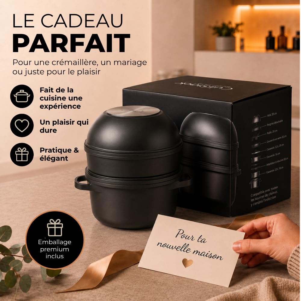Pro 12 Pièces Batterie de cuisine, Casserole Induction, Casseroles et Poêles à Poignée Amovible, Empilable et Compact, Revêtement Antiadhésif, pour Vitrocéramique, Nettoyage Facile