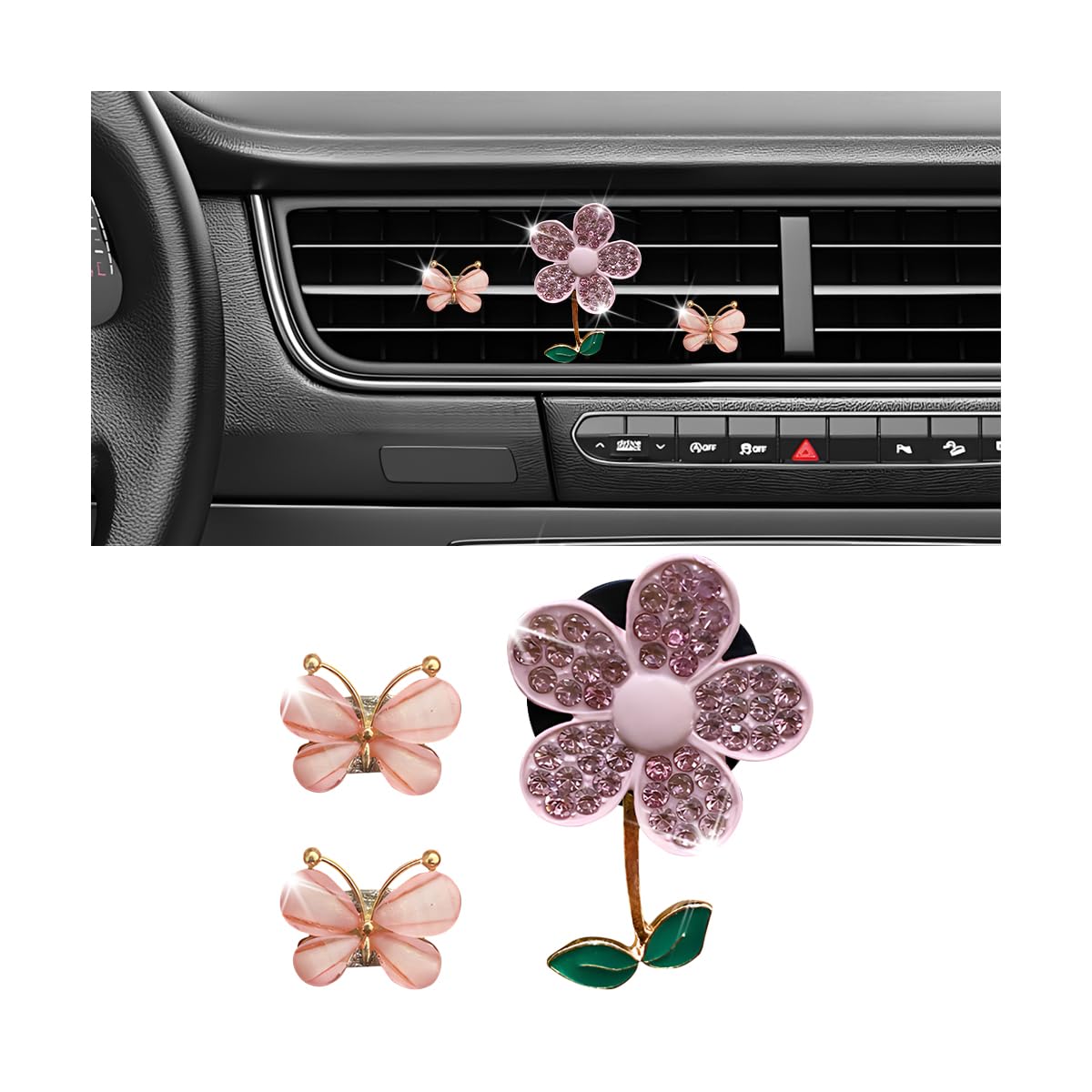 3PCS Bling Car Air Vent Clips, Butterfly Flower Rhinestone Vehicle Conditioning Outlet Clamps, Diamond Vent Clip Charm Decoration for Women Girls, Universal Automotive Accessories (Pink)