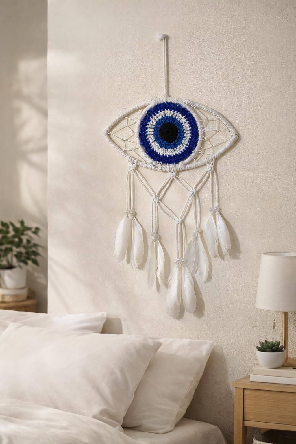 ThincAmaxe Handmade Evil Eye Dream Catcher Wall Hanging – Macrame Boho Home Decor with Feathers | Protection & Positive Energy Wall Art for Bedroom, Living Room, Office | (Small Blue & White)-image-31