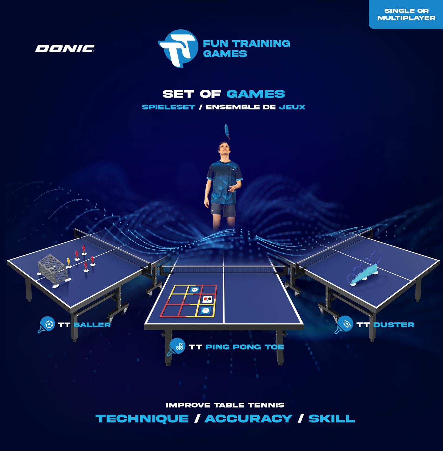 Jeux D'entraînement De Ping-pong Donic TT Fun - Lot De 3 Jeux (Baller, Duster, Ping Pong Toe) - Pour Améliorer La Précision, Le Service - Pour Maison, Club, école