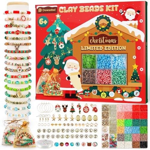 Dowsabel 6000 Pcs Christmas Clay Beads Bracelet Making Kit for Beginner, Clay Beads with Charms Kit for Jewelry Making Crafts Toys DIY Arts and Crafts for Kids Age 6-13