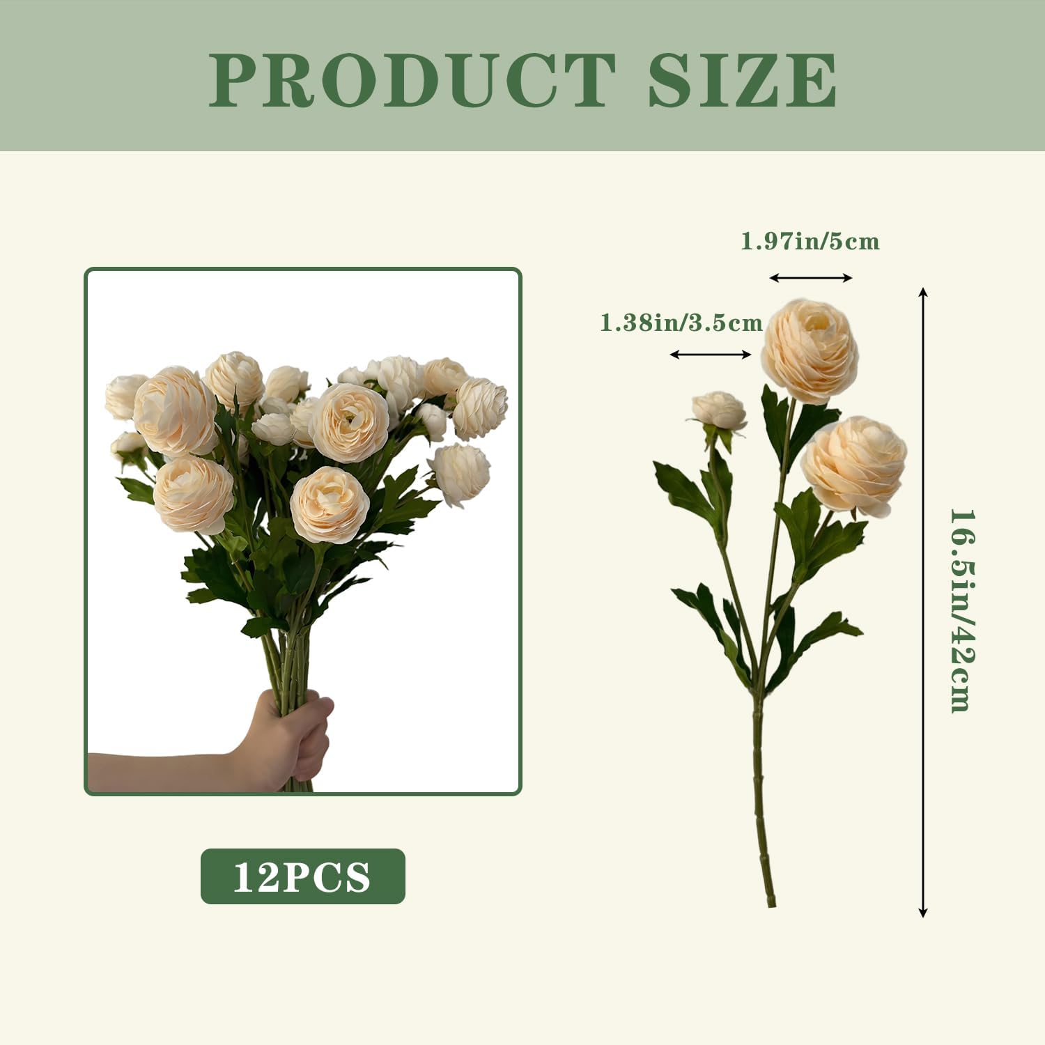 12Pcs Artificial Ranunculus Flowers – 36 Head 16.5" Silk Ranunculus Flowers Bouquets for Home Decor, Wedding Bridal Shower Centerpieces, and DIY Floral Arrangements (Champagne) - Image 2