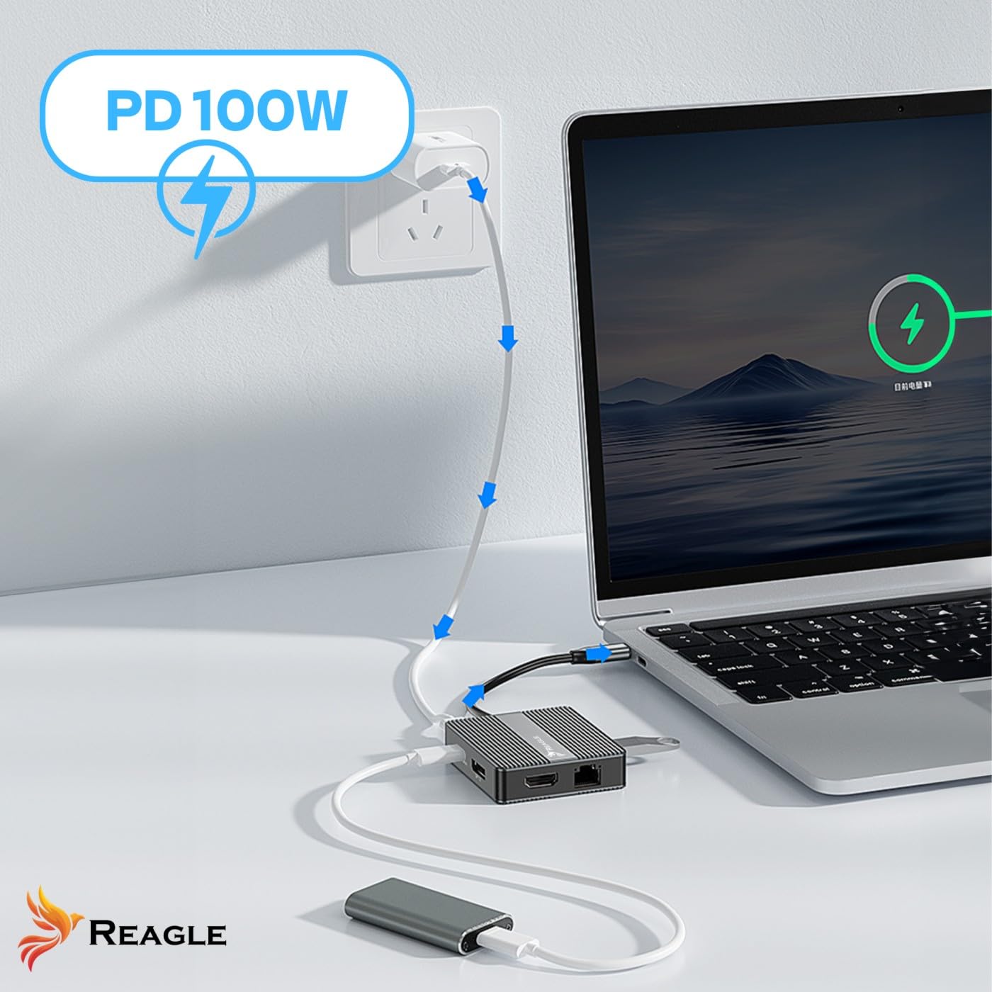 Reagle HUB USB-C 7 in 1 2 X HDMI 4 K 60 Hz PD 100 W SB-C 3.2 Gen2 10 Gbps LAN RJ45 1000 Mbps adattatore plug & play video mirroring, modalità avanzata