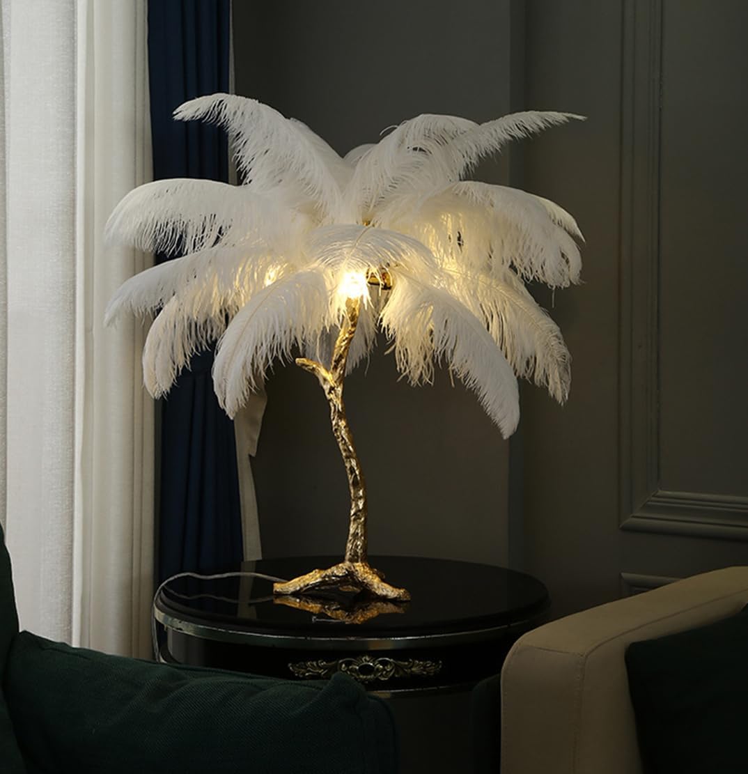Ostrich Feather lamp,Resin Feather lamp with Natural Ostrich Feathers (Contains Light Sources) Have Footswitch Dimmable Desk Lamp (60x60cm(23×23inch),Black)