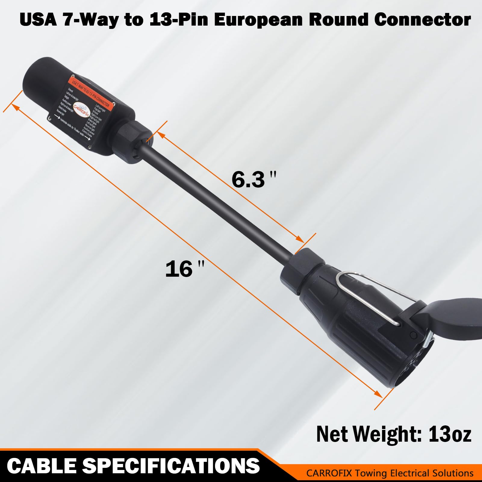 Truck to Trailer Light Converter, US Vehicle Socket 7-pole RV Blade to European Trailer 13 Pin Plug, PA Housing (7-fach to 13-polig)