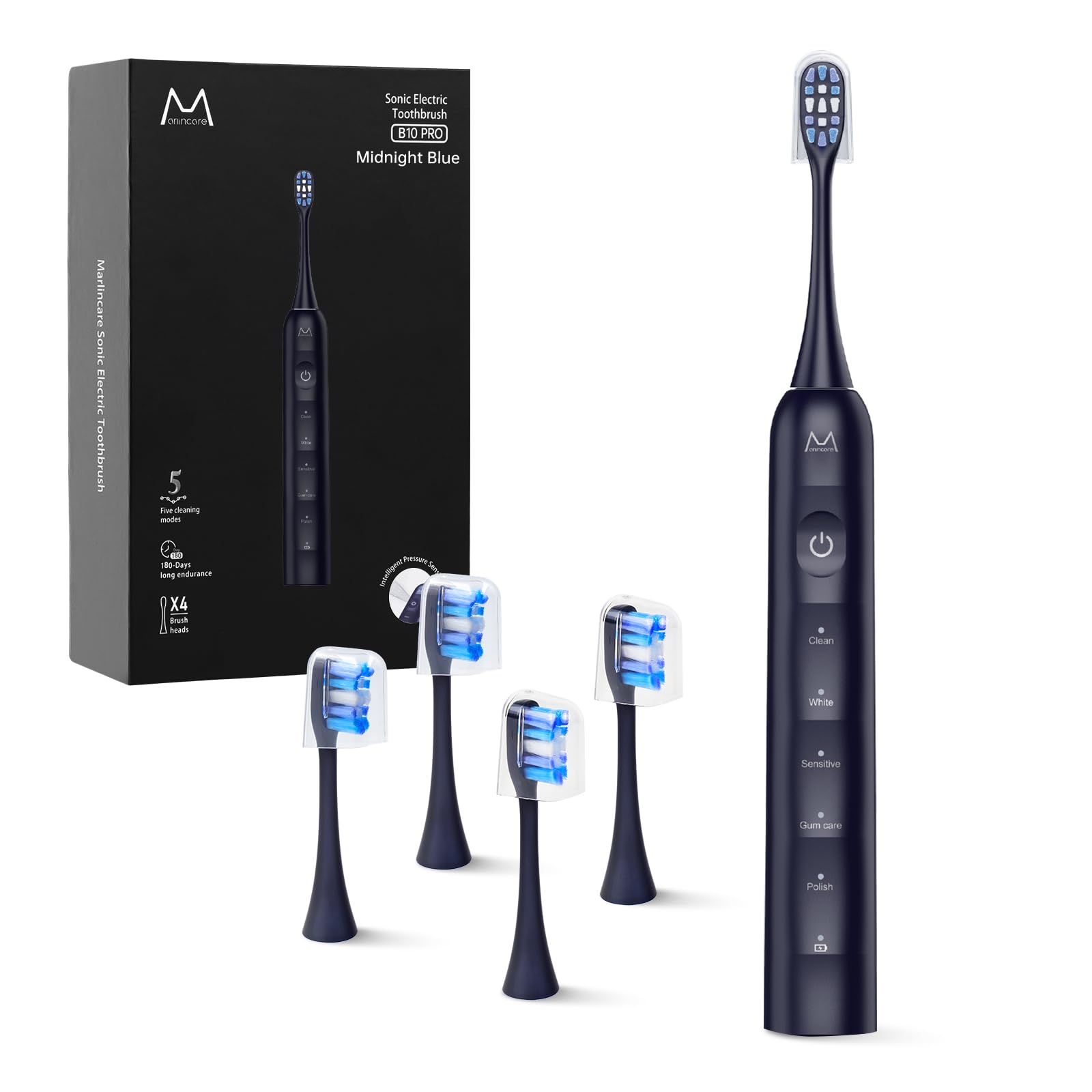 Marlincare Sonic Electric Toothbrush for Adults Teens: 180 Days Battery Life, 48000VPM Motor 5 Cleaning Modes 2 Min Smart Timer 4 Quality Replacement Heads IPX8 Durable Rechargeable Travel Toothbrush