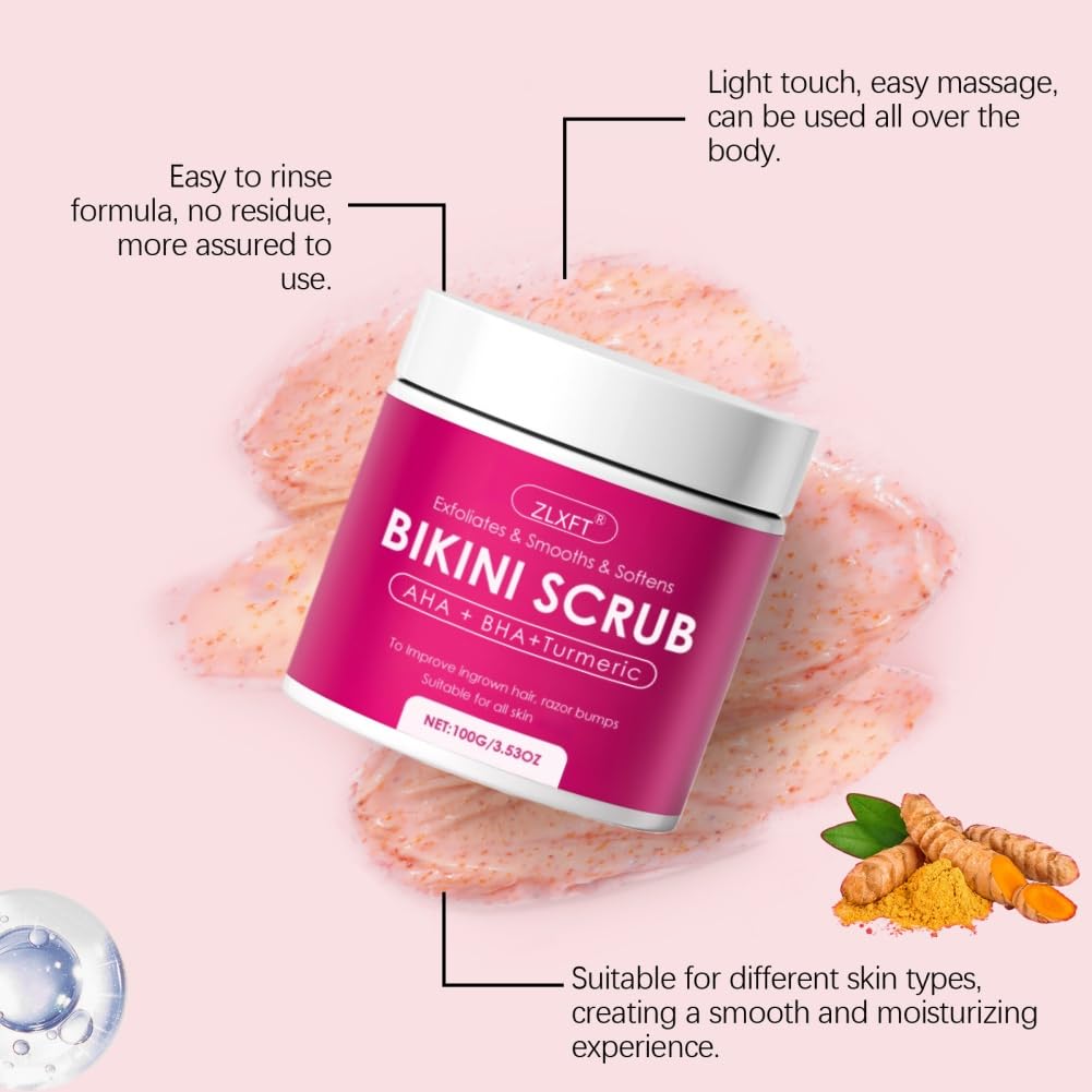 Gommage Corporel,2pcs Gommage Bikini avec 10% D'Aha+Bha et Curcuma pour le Maillot et Les Aisselles,Élimine les Poils Incarnés et les Imperfections Dues Au Rasage,100g