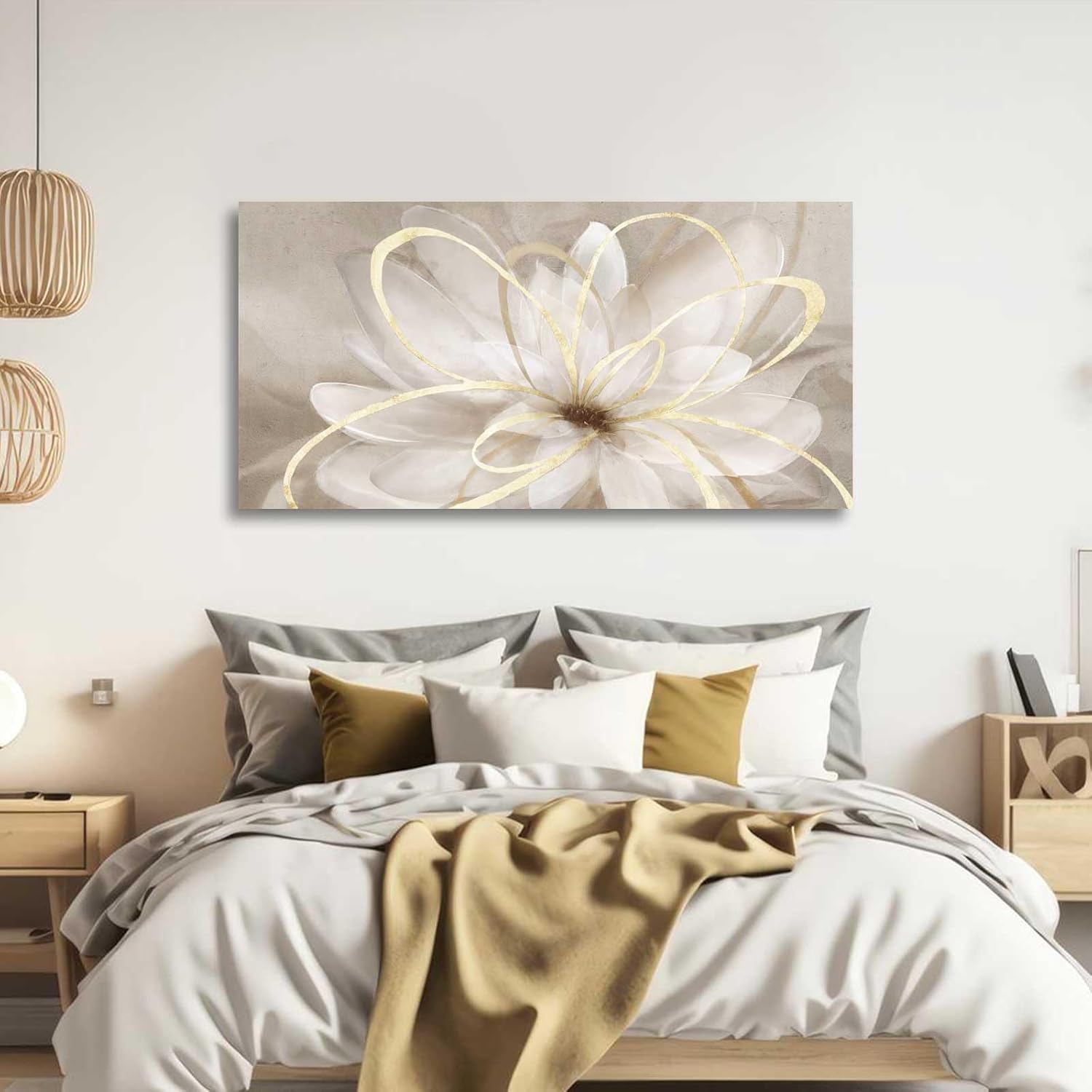 Kureful Canvas Wall Art for Bedroom/Gold Flowers Canvas Pictures/Modern Home Decorations for Living Room Kitchen Office 20x40 Inch