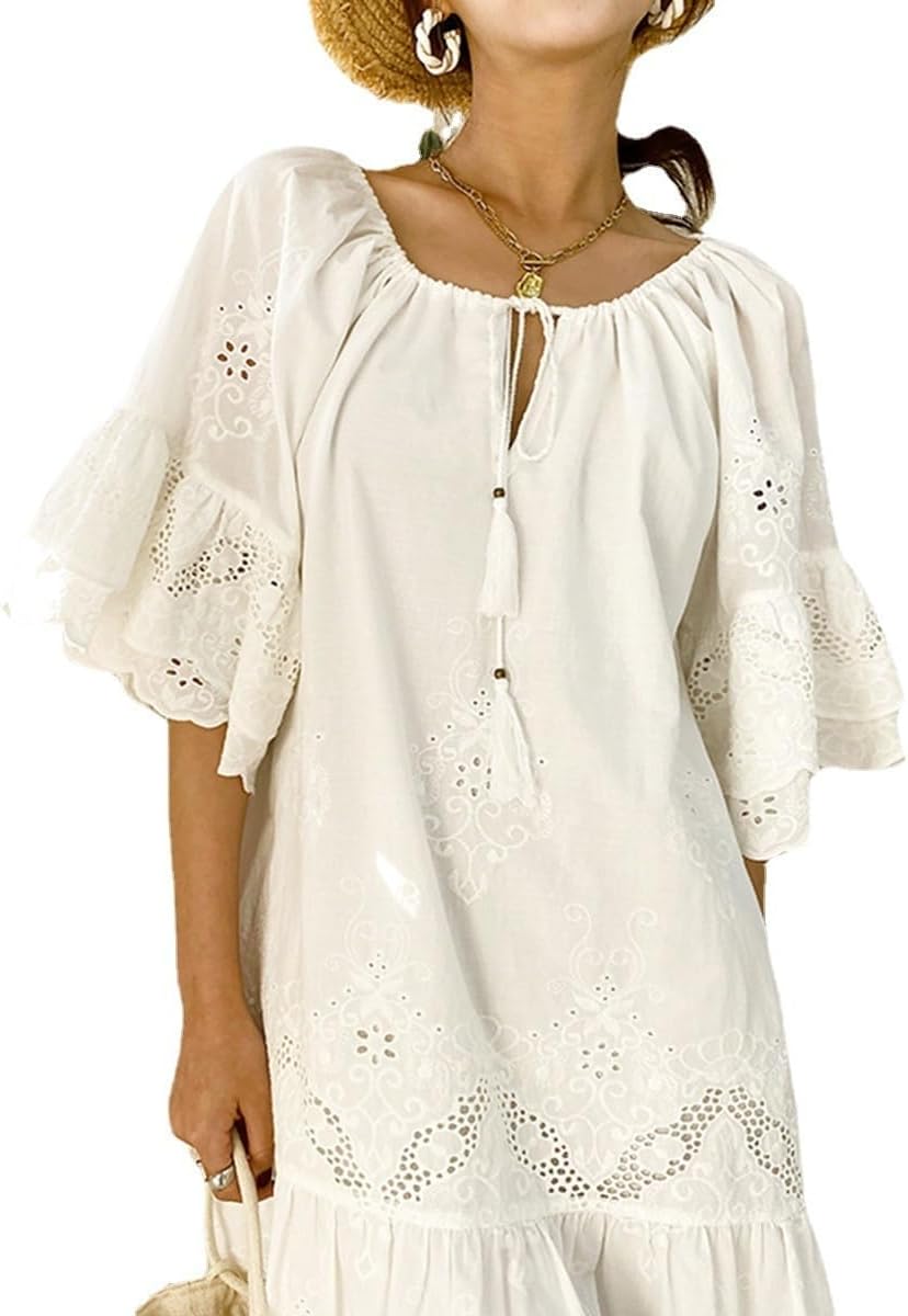Women's Dresses,Summer Casual White Cotton Dresses Soft Beach Dresses Loose Lace Sundresses