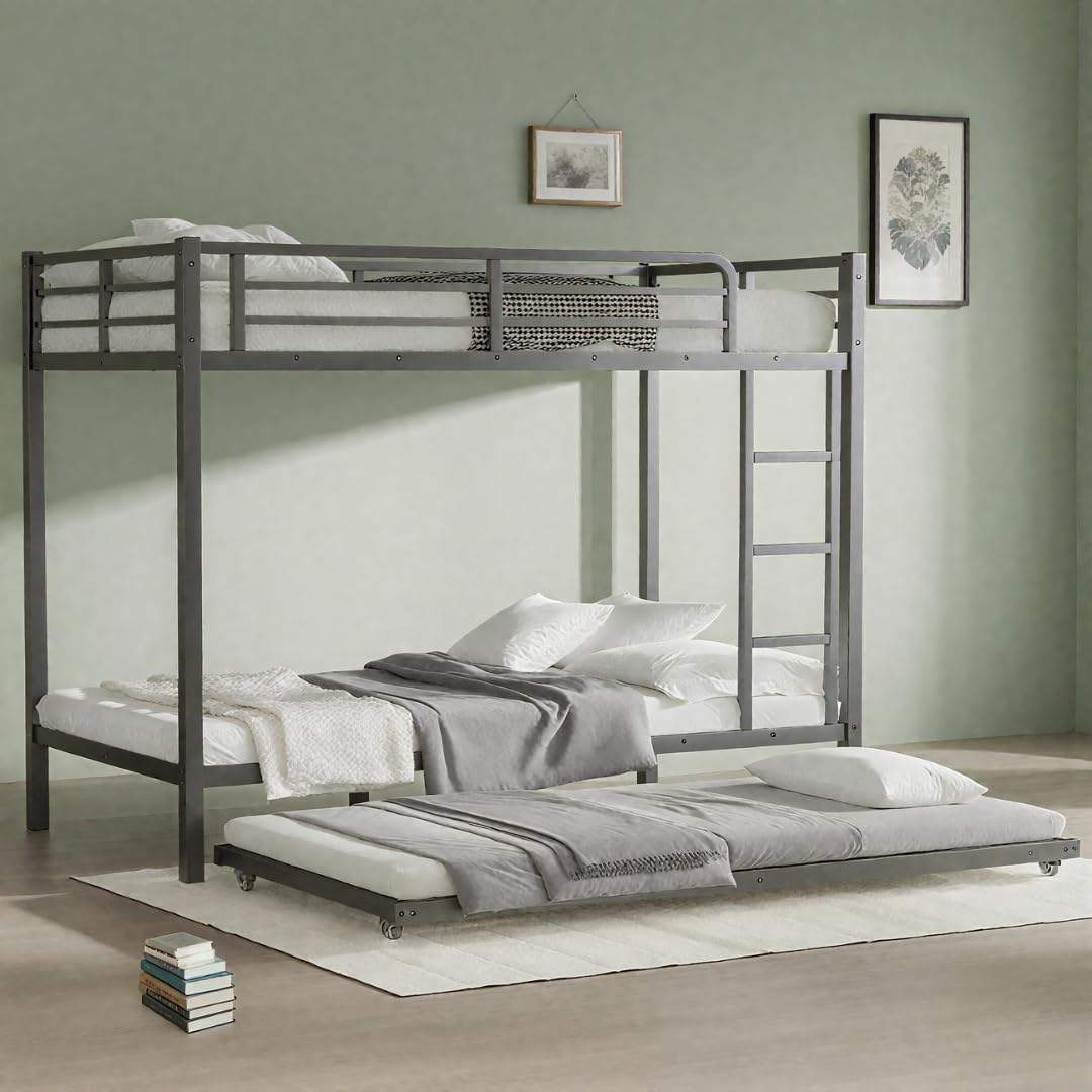Bellemave Twin XL Over Twin XL Bunk Bed with Trundle, Metal Bunk Bed Frame with Ladder and Guardrail Bunk Beds for Kids, Boys, Girls, Teens,