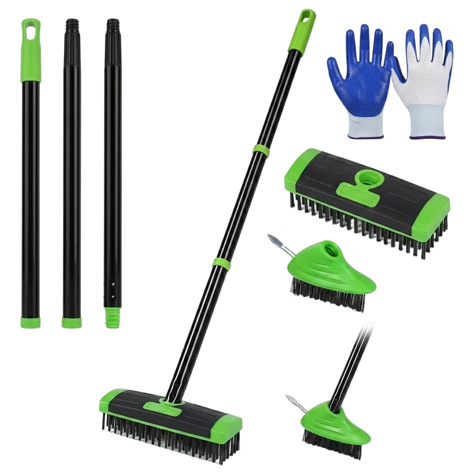 3-in-1 Versatile Weed Brush Combo Set, Detachable Long Handle Floor Scrub Brush with Wire Weeder and Metal Scraper for Patio, Paving, Driveway, Walkway and Garden Cleaning (Black)