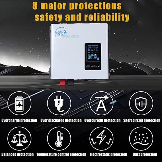 Hybrid Solar Inverter 2300W DC 12V 24V 48V to AC 110V/220V AC Genuine Sine Wave Power Converter with LCD Display 60A MPPT Charging Controller, 12v to 220v