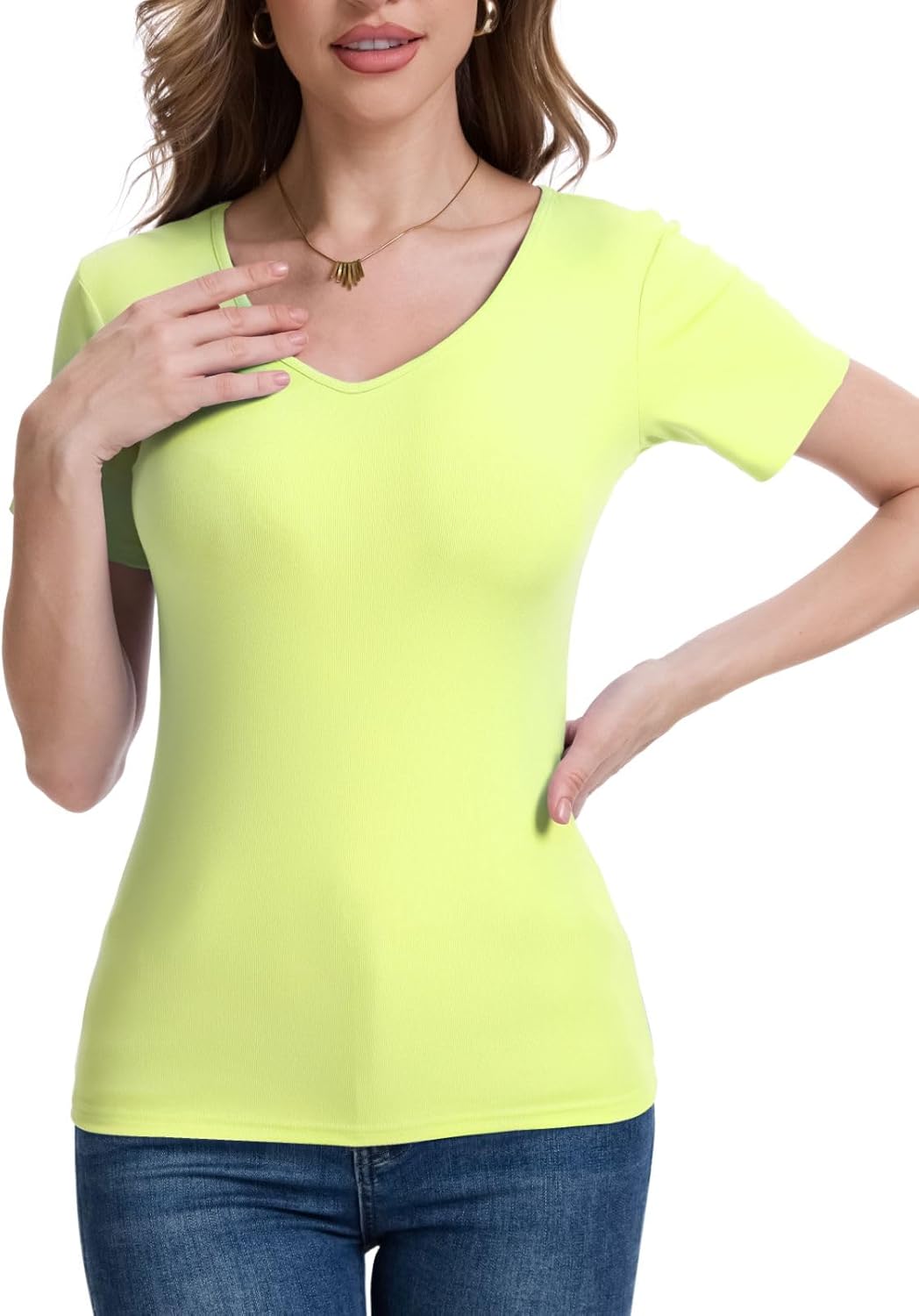 Women's Rayon Stretchy T Shirts Plain Summer V-Neck Basic Slim Fitted Short Sleeve Tees (S- XXL) - Image 3