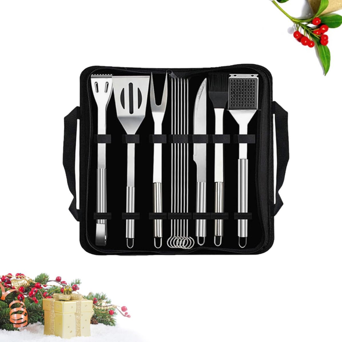 jojofuny Pala de Acero Inoxidable Cuchillo y Brocheta Cepillo Tenedor Pinzas 12 Piezas Utensilios de Barbacoa Kit de Herramientas para Barbacoa con Bolsa Negra para Camping y Exterior
