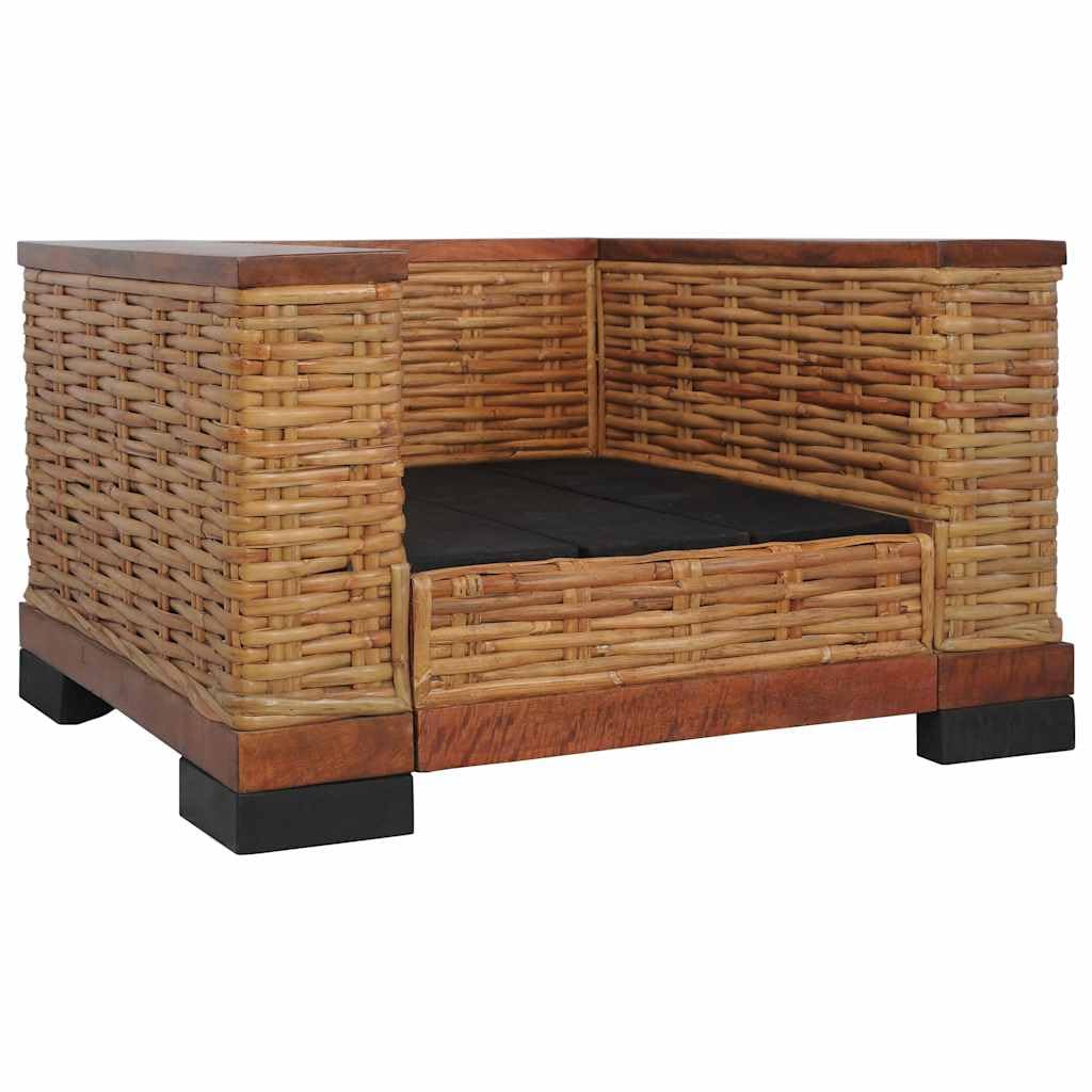 Poltrona in rattan con cuscino in rattan naturale e legno di mango, poltrona relax per soggiorno e giardino d'inverno, comoda poltrona in vimini con cuscino per seduta e schienale, marrone