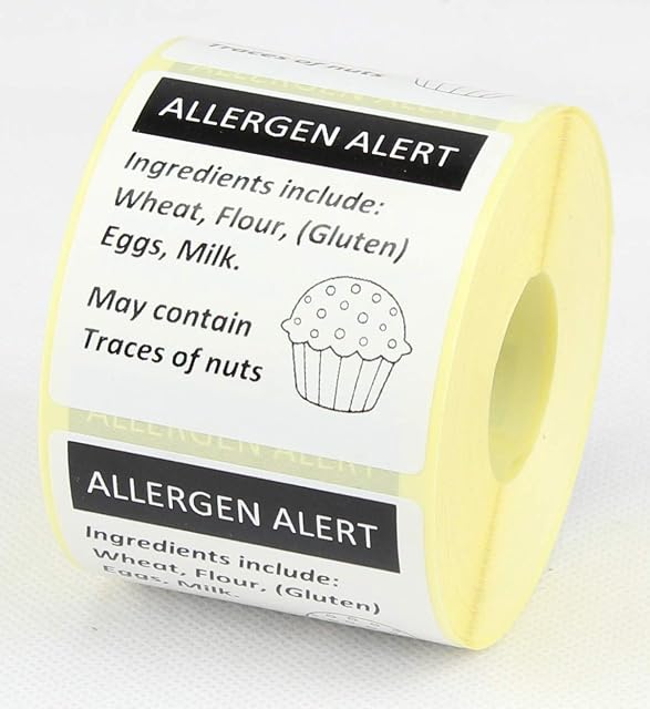 Food Allergy Labels, Allergy Labels for Food, 38x38mm, 500 Labels on a Roll - Cup Cake