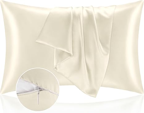 BEDELITE Satin Pillowcase with Zipper 2 Pack, Beige Pillow Cases Standard Size, Super Soft and Cooling Similar to Silk Pillow Cases, Gift for Women Men(20x26 Inches)