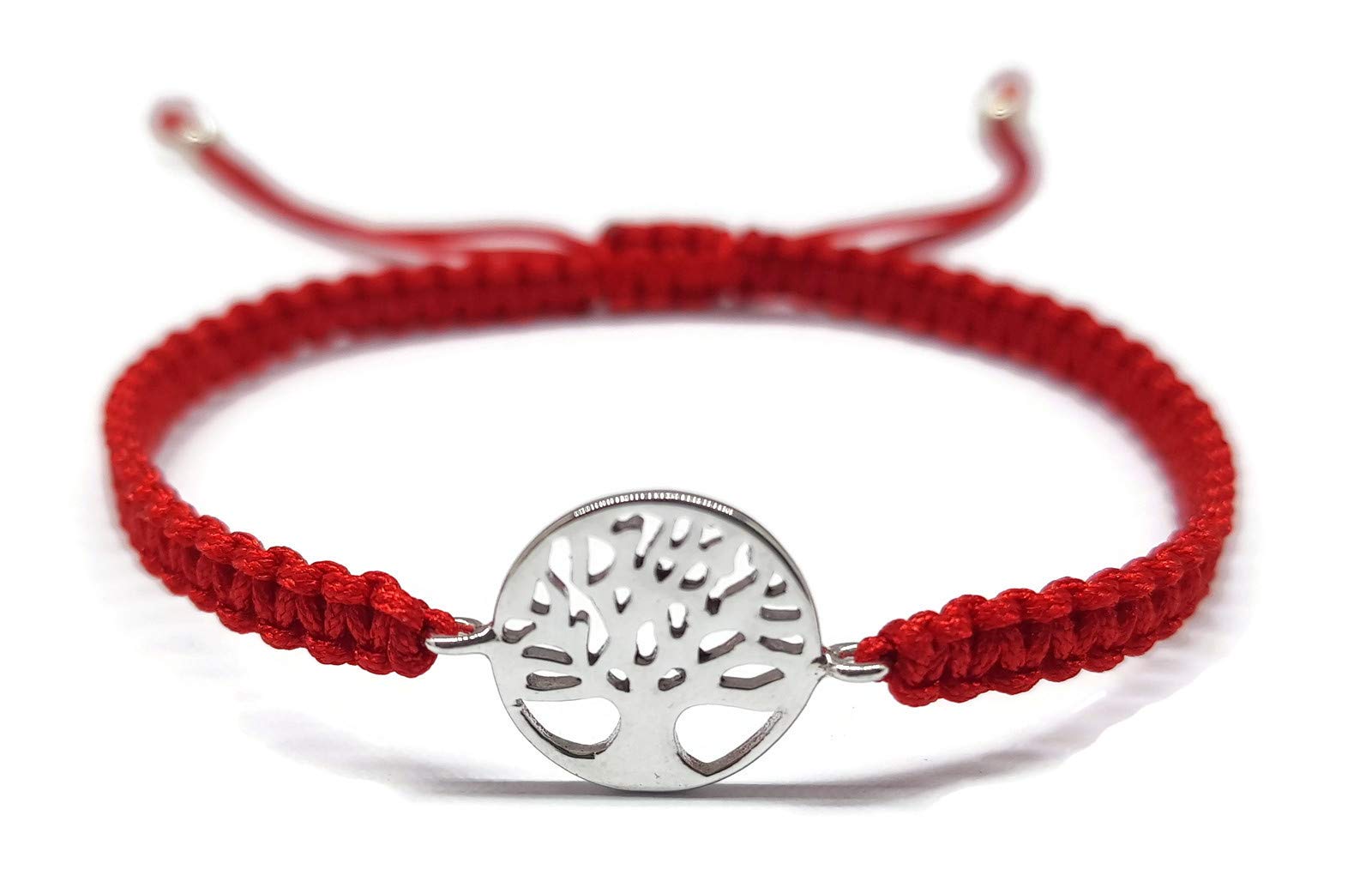 MYSTIC JEWELS– 925 Sterling Silver Bracelet – Tree of Life – in Macrame, Red String Thread – Adjustable – 100% Handmade