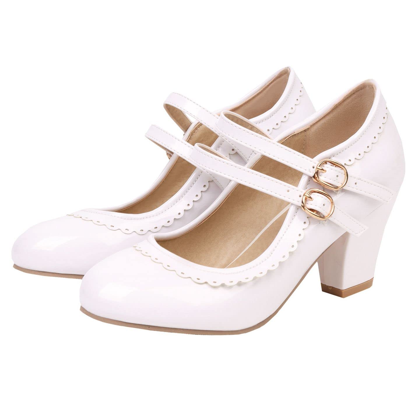 Elbslutt Women's Rockabilly Shoes Chunky Mary Janes Patent Leather Ankle Double Strap Block Heel Pumps Cute Dressy Shoes