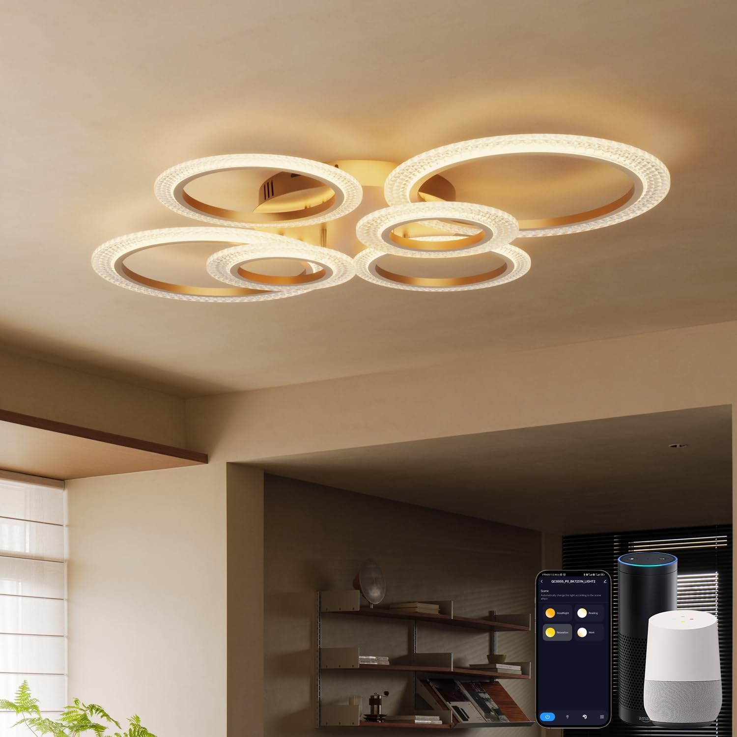 Smart LED Deckenleuchte Dimmbar 88cm, WiFi Deckenlampe, Alexa & Google Home Kompatibel, CCT 3000K-6500K Stufenlos Einstellbar mit Fernbedienung & App, Modernes Design für Wohnzimmer, Gold