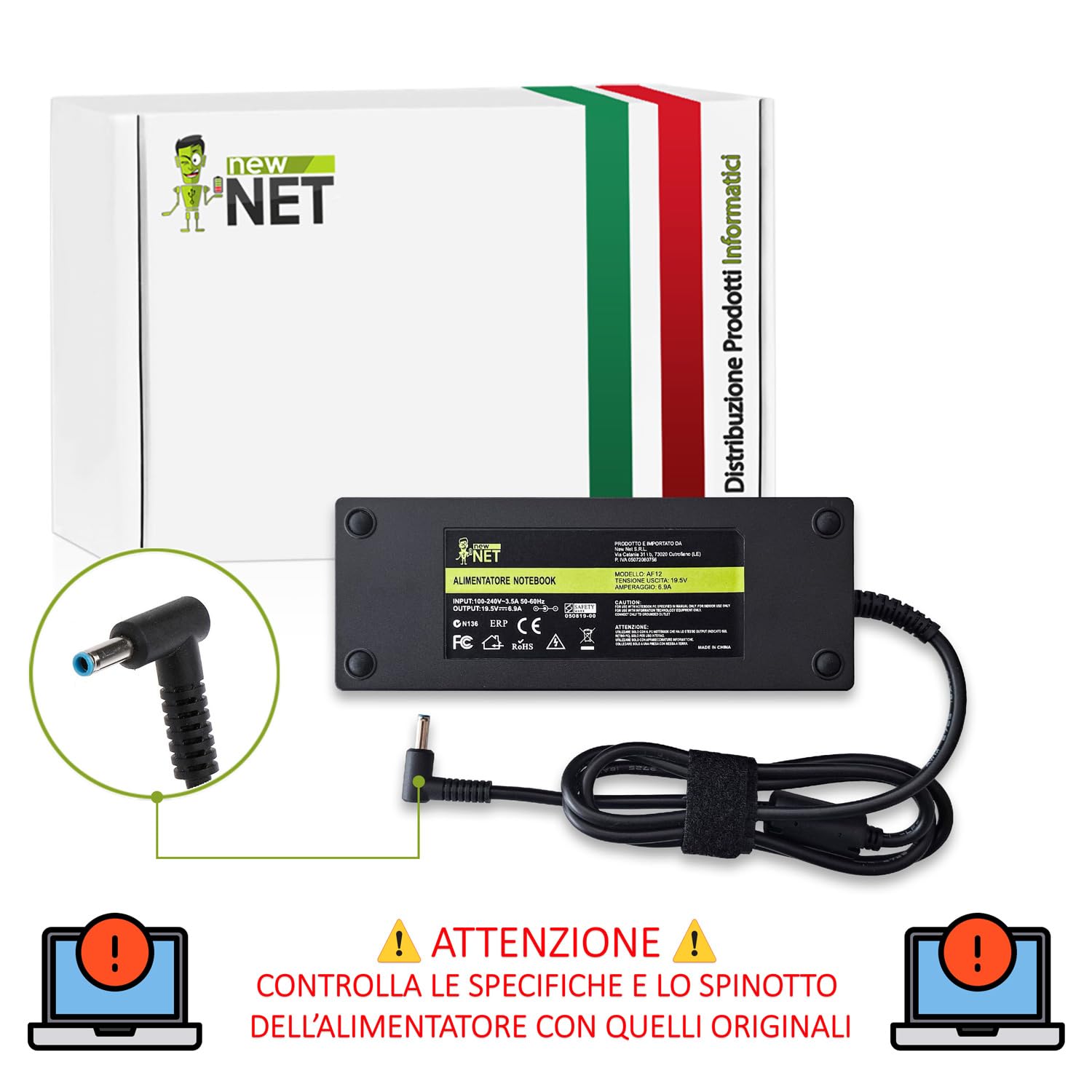 Caricatore HP 135W 19.5V 6.9A, Per Spectre X360, Envy, Omen, Pavilion Gaming, Con Puntina Blu