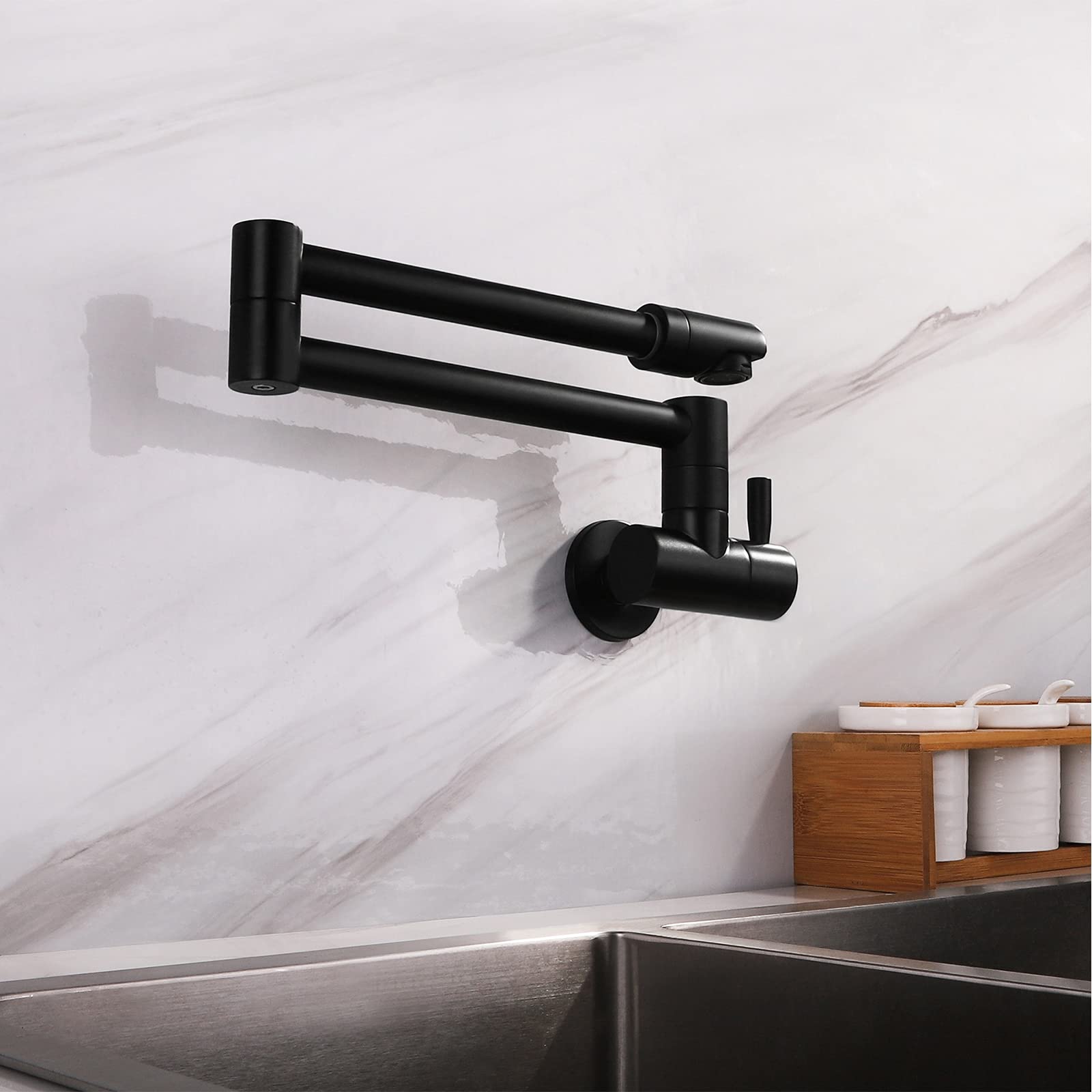 Rubinetto per riempire pentole, Nero, Interamente in Rame, monocomando per Acqua Fredda, Montaggio a Parete, con Maniglia Girevole a 360° e Foro per lavello.