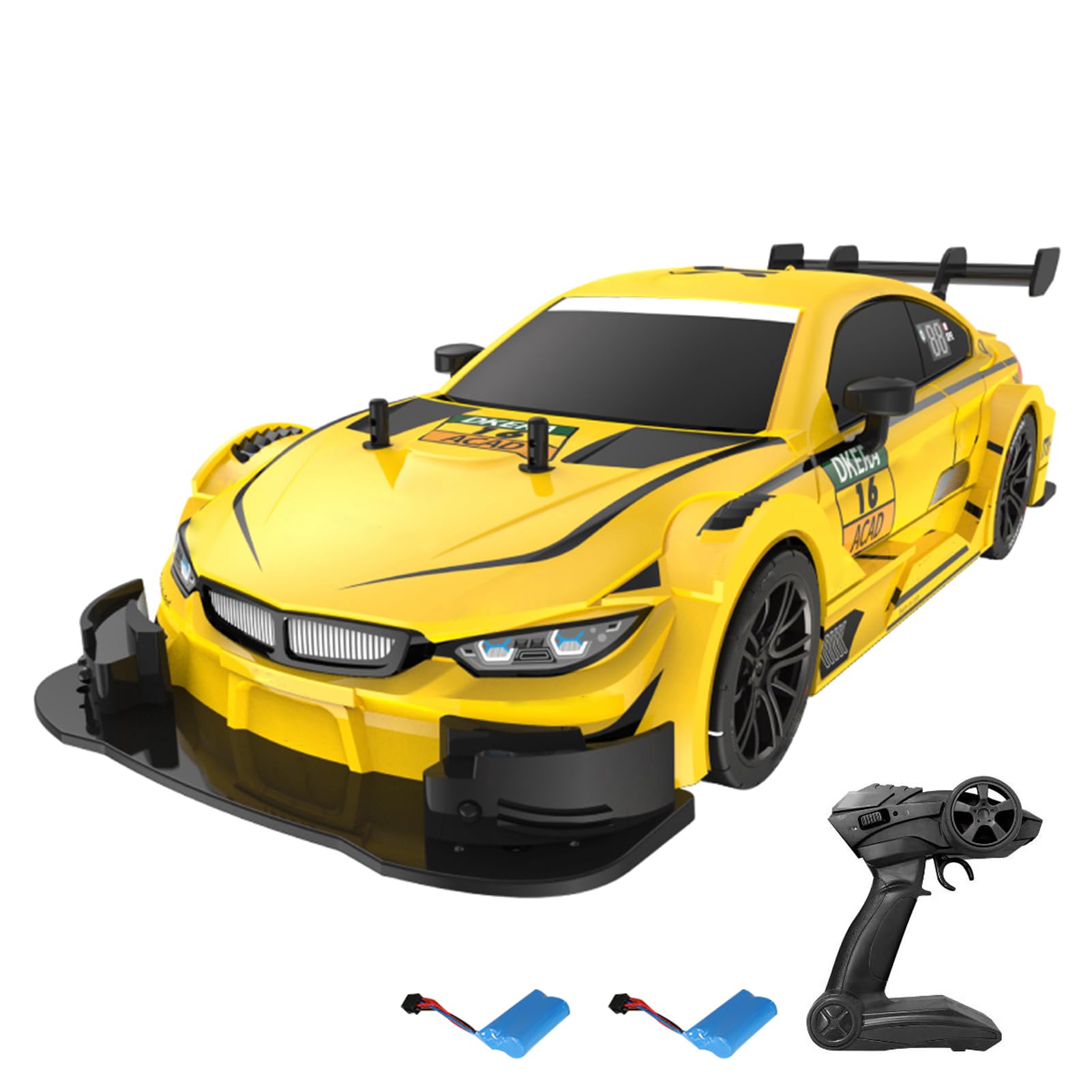Dodoore RC Drift Car, 1:16 Scale RC Cars 2.4GHz 4WD High Speed Remote Control Car, RC Sport Racing Car with LED Lights, Two Batteries and Drifting Tires for Kids and Adults (Yellow)