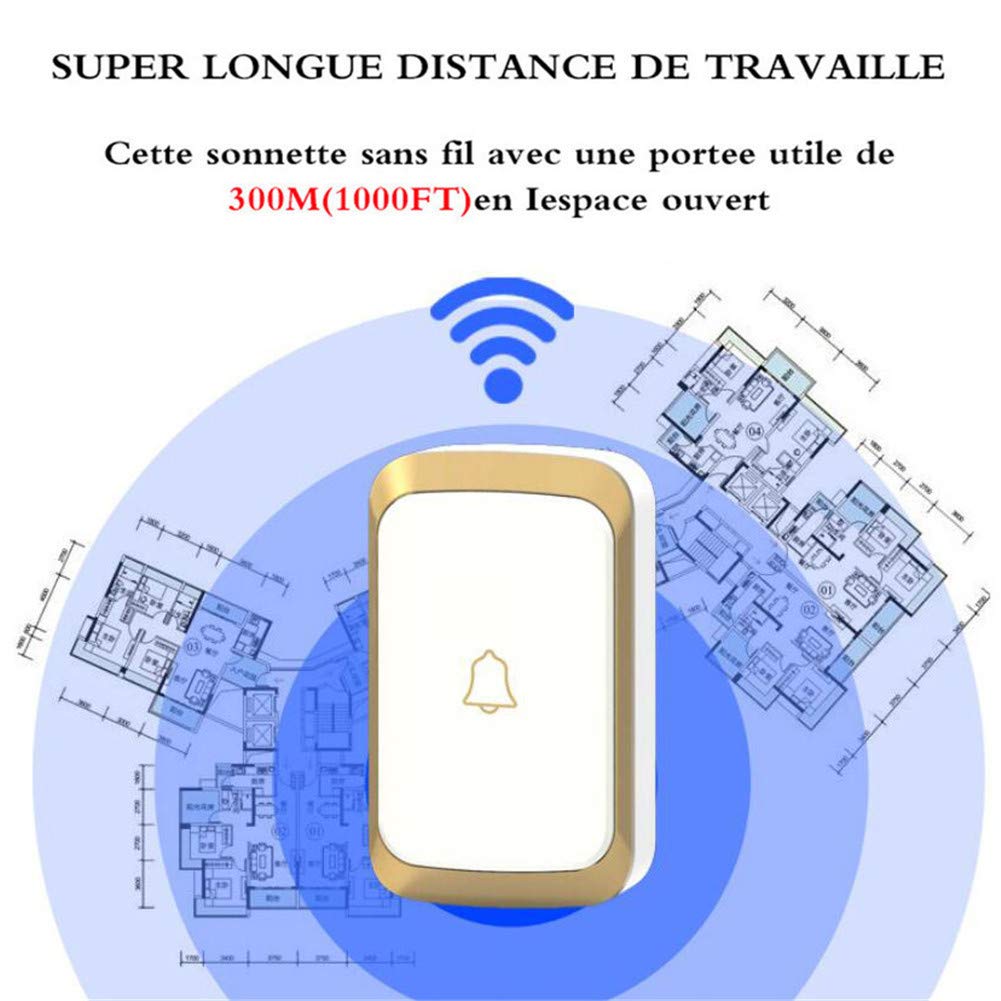 Campanello Senza Fili, Kit Campanello per Porta Impermeabile A Batteria,5 Trasmettitore A Pulsante +1 Ricevitore Plug-in, Portata Ultra Lunga 300 M, 36 Suonerie, 4 Livelli di Volume,d'oro