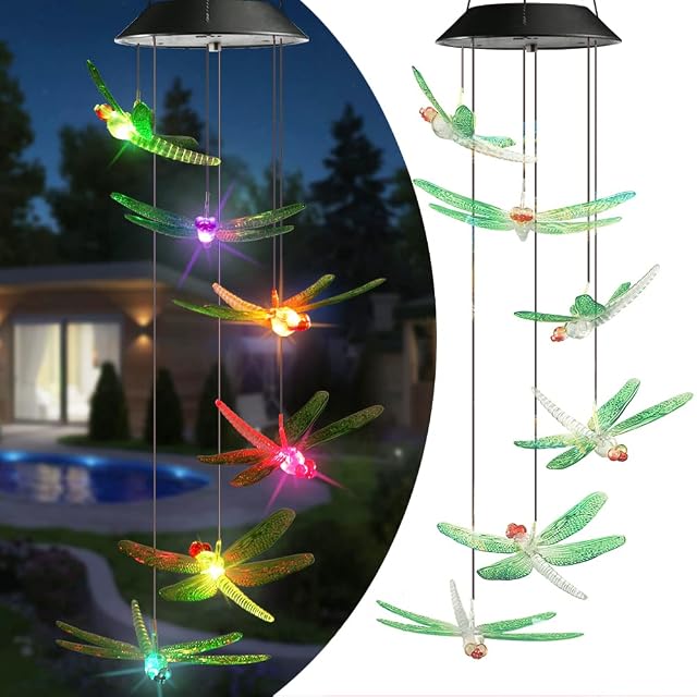 Toodour Solar Wind Chimes Dragonfly, Color Changing Solar Lights Outdoor, Gardening Gift, Birthday Gifts for Mom, Grandma,Waterproof Decorative Mobile Lights for Garden,Patio, Window, Yard Decor